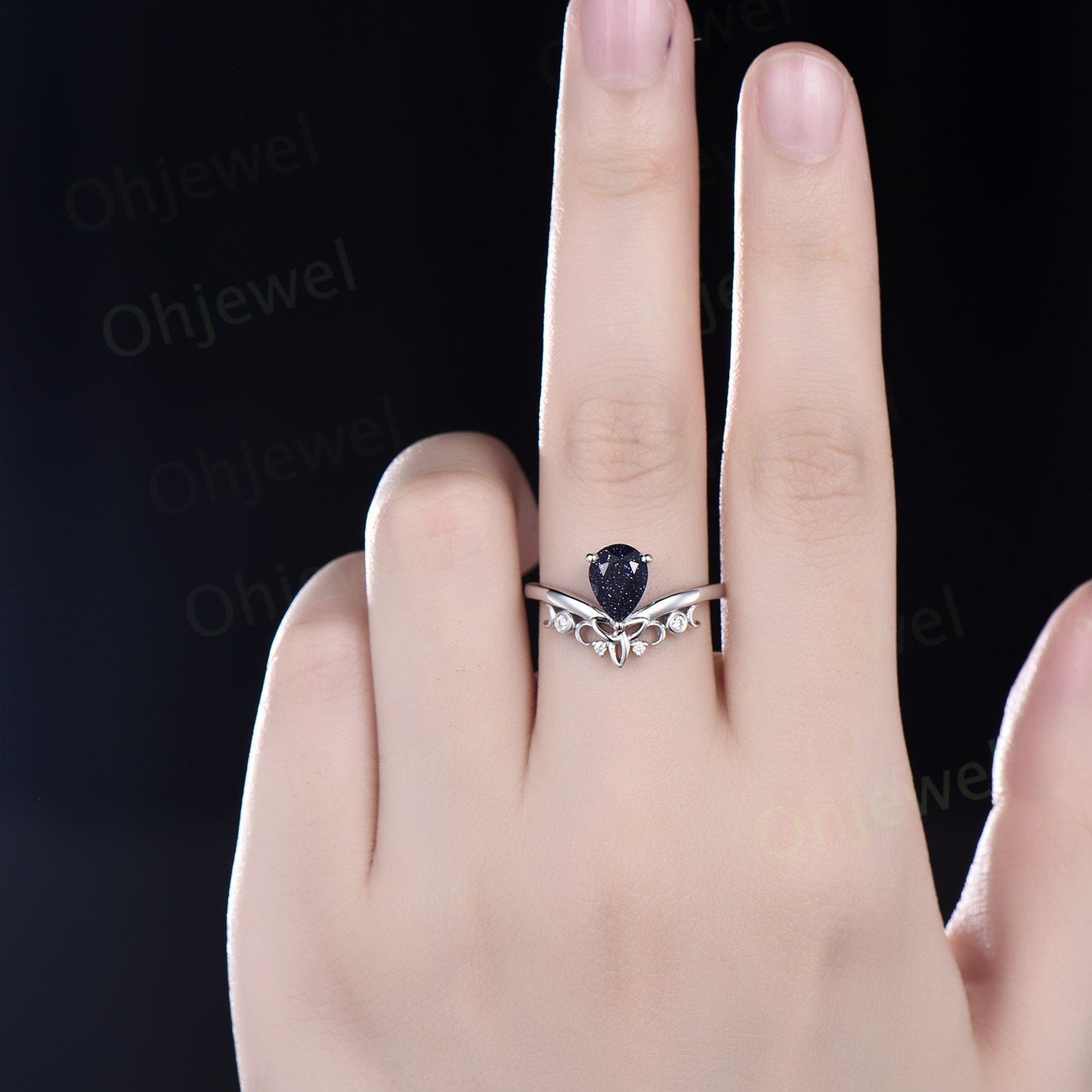 Pear shaped blue sandstone ring blue goldstone ring unique engagement ring 14k rose gold sterling silver anniversary ring women gifts
