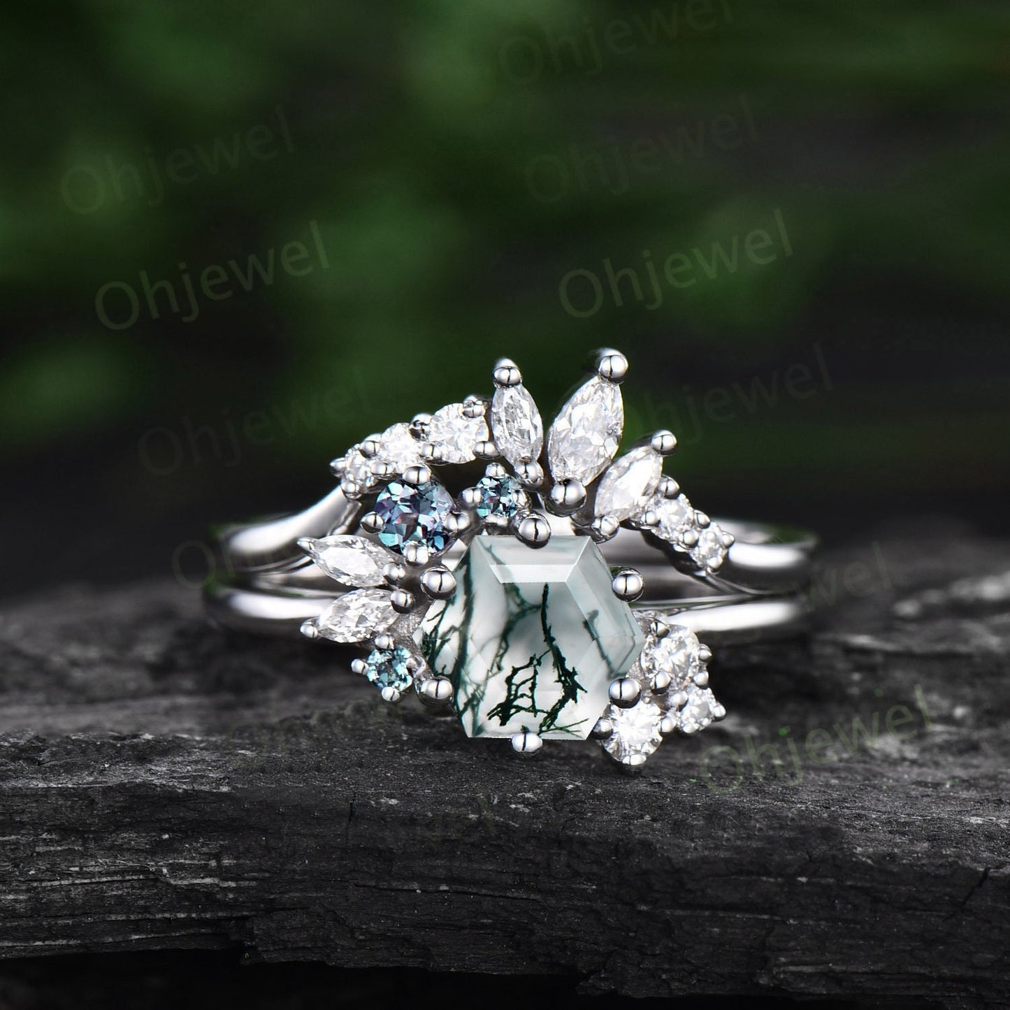 Hexagon cut moss agate ring white gold vintage unique engagement ring set cluster Alexandrite ring art deco diamond wedding ring for women