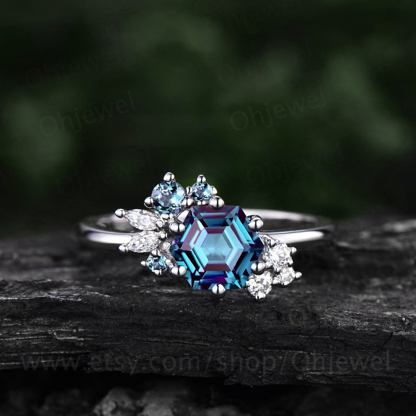Hexagon cut Alexandrite ring for women vintage unique Alexandrite engagement ring 14k white gold cluster art deco moissanite wedding ring