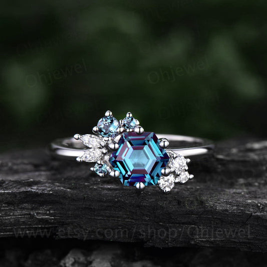 Hexagon cut Alexandrite ring for women vintage unique Alexandrite engagement ring 14k white gold cluster art deco moissanite wedding ring