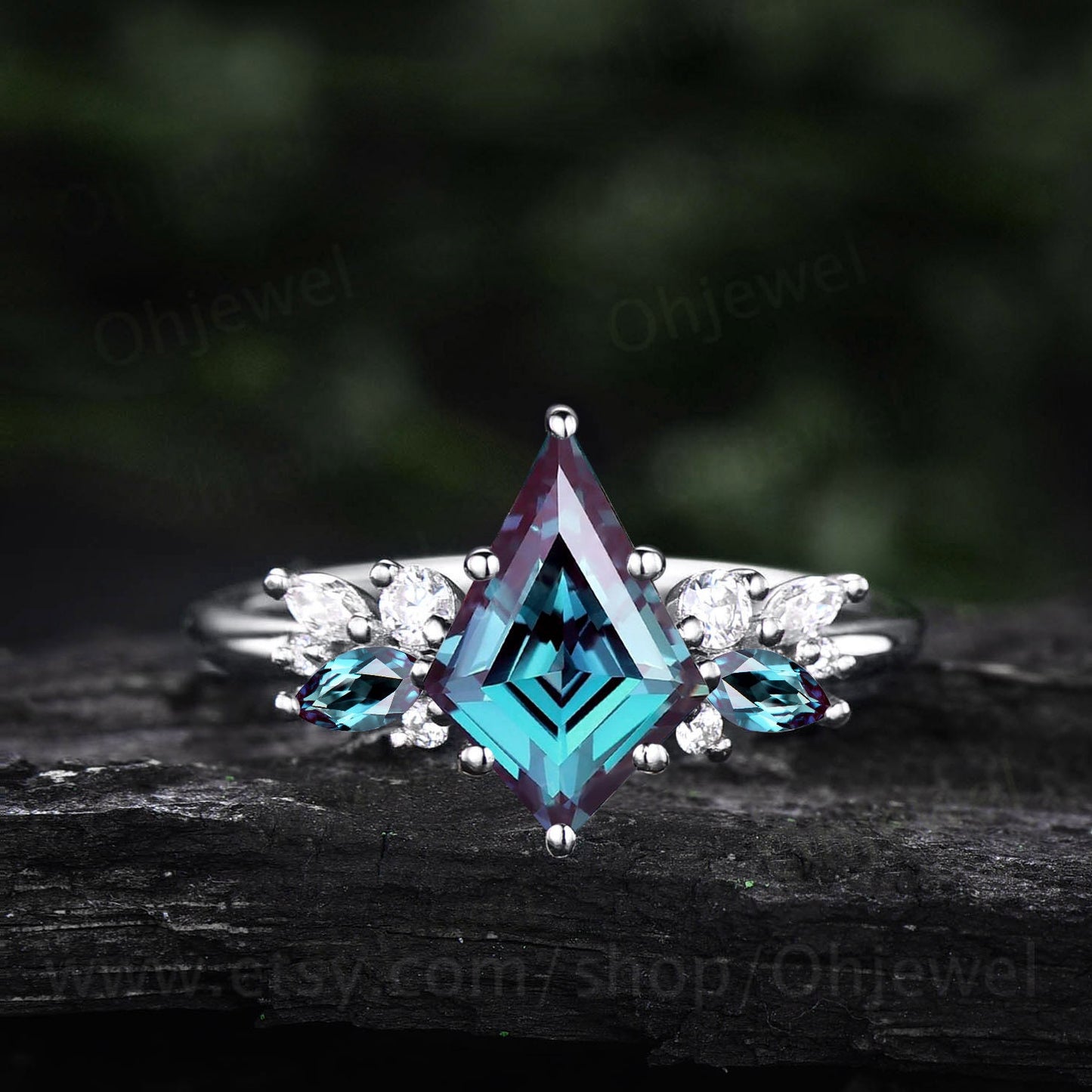 Kite cut alexandrite ring rose gold cluster unique engagement ring for women marquise cut ring diamond anniversary ring June birthstone ring