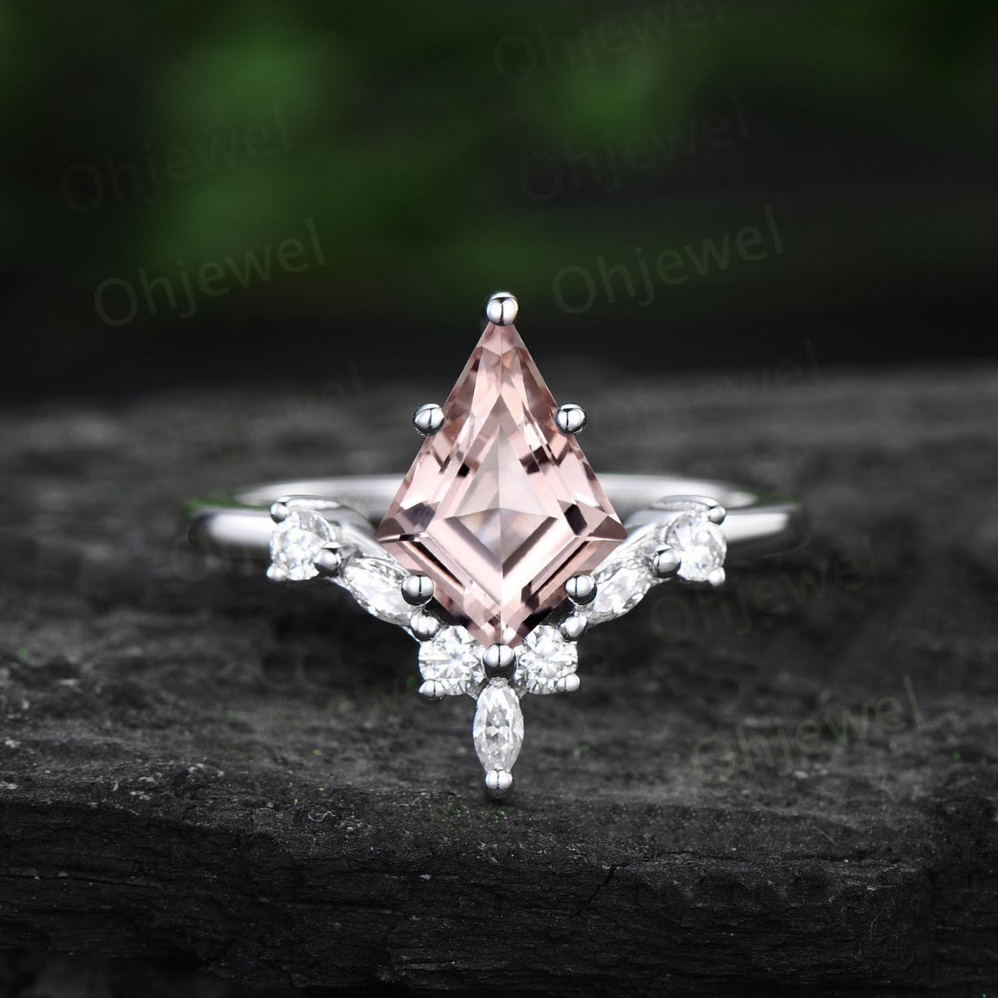 Unique kite cut pink morganite engagement ring solid 14k rose gold curved art deco diamond ring vintage wedding ring for women fine jewelry