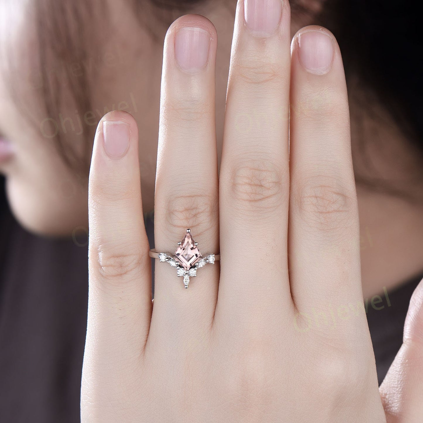 Unique kite cut pink morganite engagement ring solid 14k rose gold curved art deco diamond ring vintage wedding ring for women fine jewelry