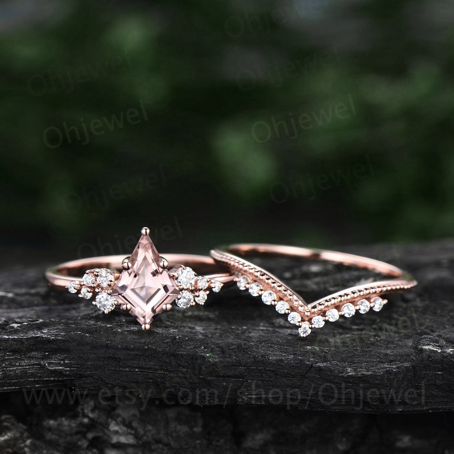 1ct kite cut pink morganite engagement ring set rose gold unique snowdrift engagement ring for women round diamond ring antique bridal set