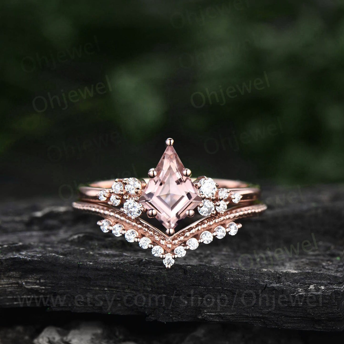 1ct kite cut pink morganite engagement ring set rose gold unique snowdrift engagement ring for women round diamond ring antique bridal set