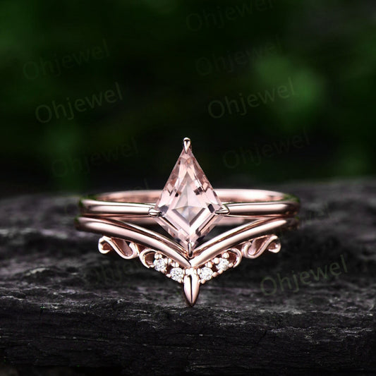 1ct kite cut pink morganite ring rose gold unique solitaire engagement ring set vintage style diamond wedding ring band women bridal set