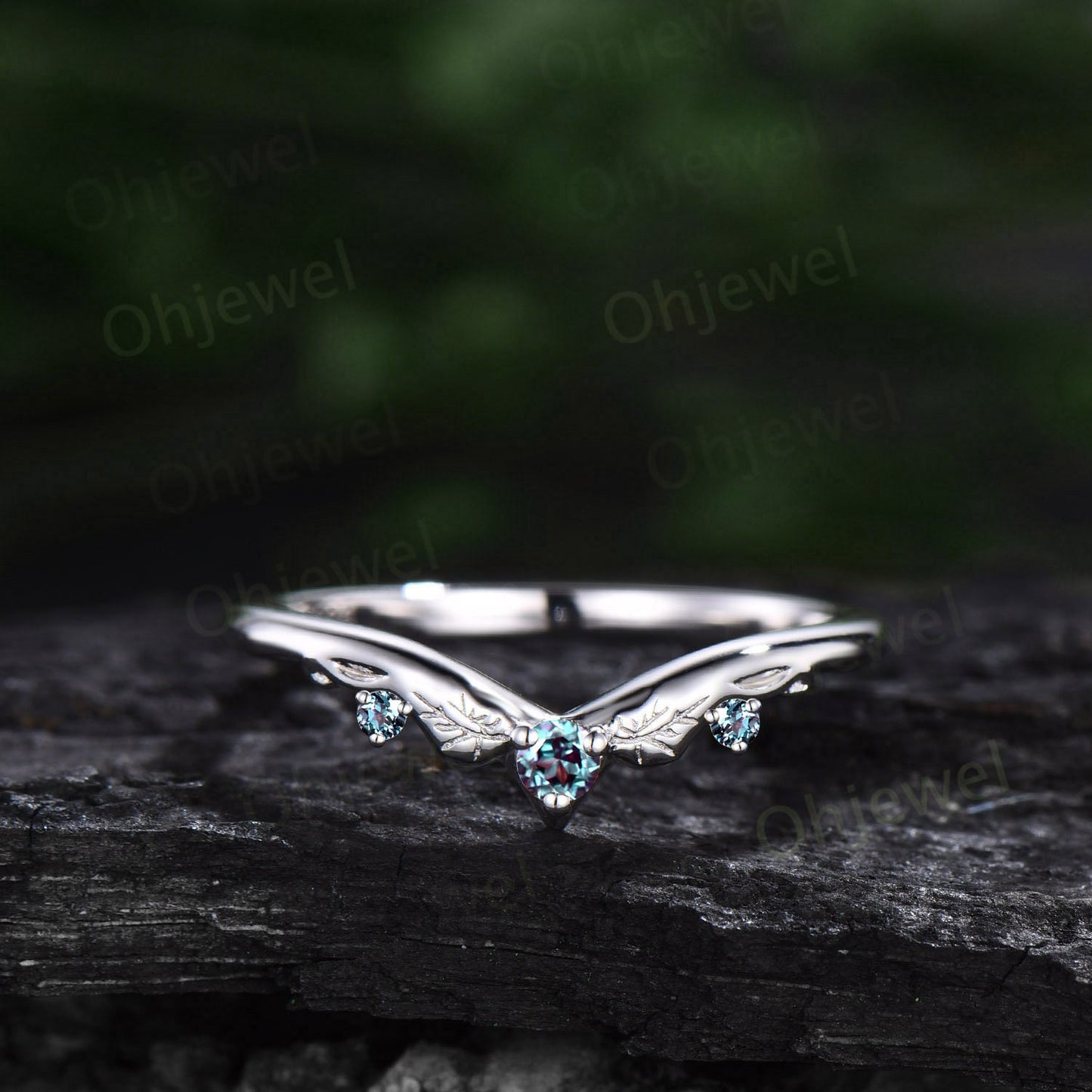 Vintage style three stone Alexandrite wedding band 14k rose gold silver bat curved stacking V shaped anniversary wedding ring band for women