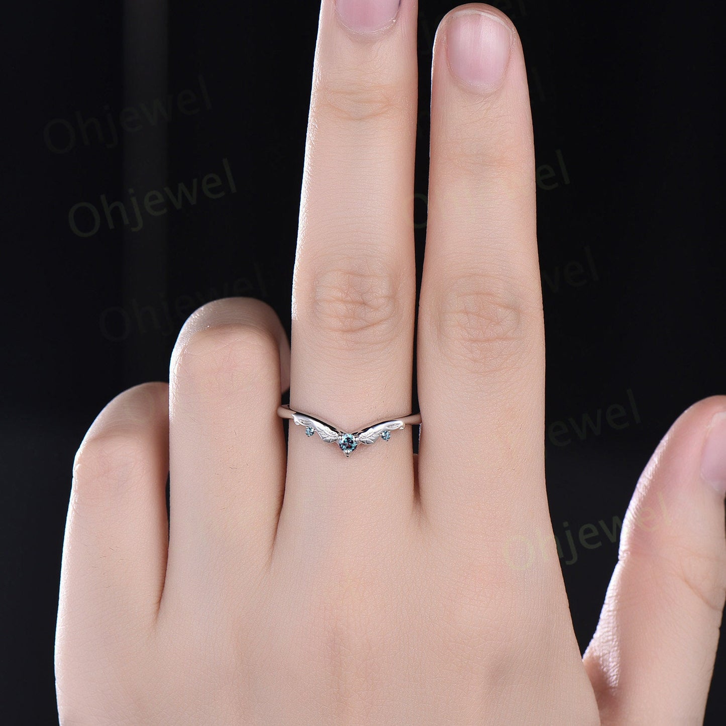 Vintage style three stone Alexandrite wedding band 14k rose gold silver bat curved stacking V shaped anniversary wedding ring band for women