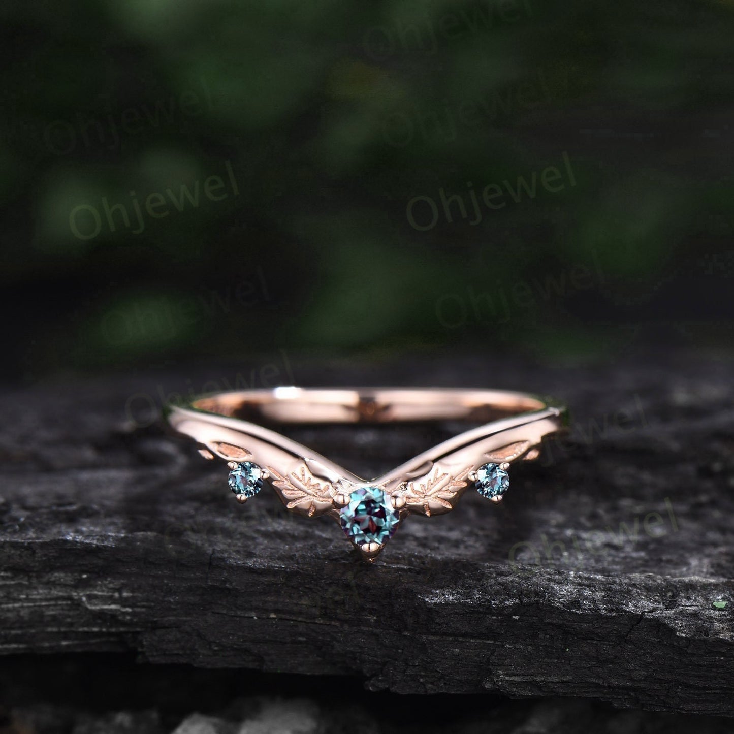 Vintage style three stone Alexandrite wedding band 14k rose gold silver bat curved stacking V shaped anniversary wedding ring band for women