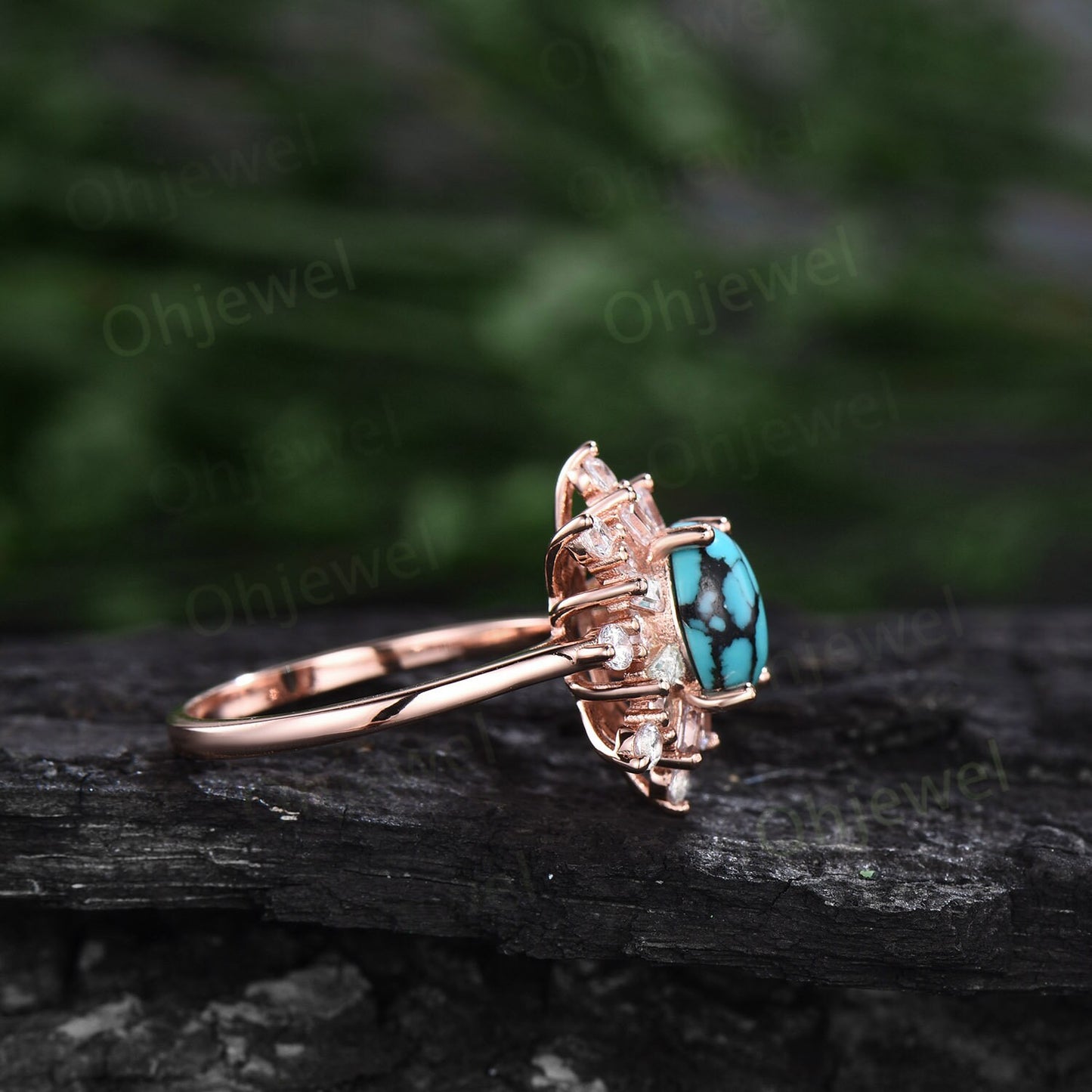 Oval cut natural Turquoise ring vintage rose gold halo unique engagement ring women cluster baguette cut moissanite wedding promise ring