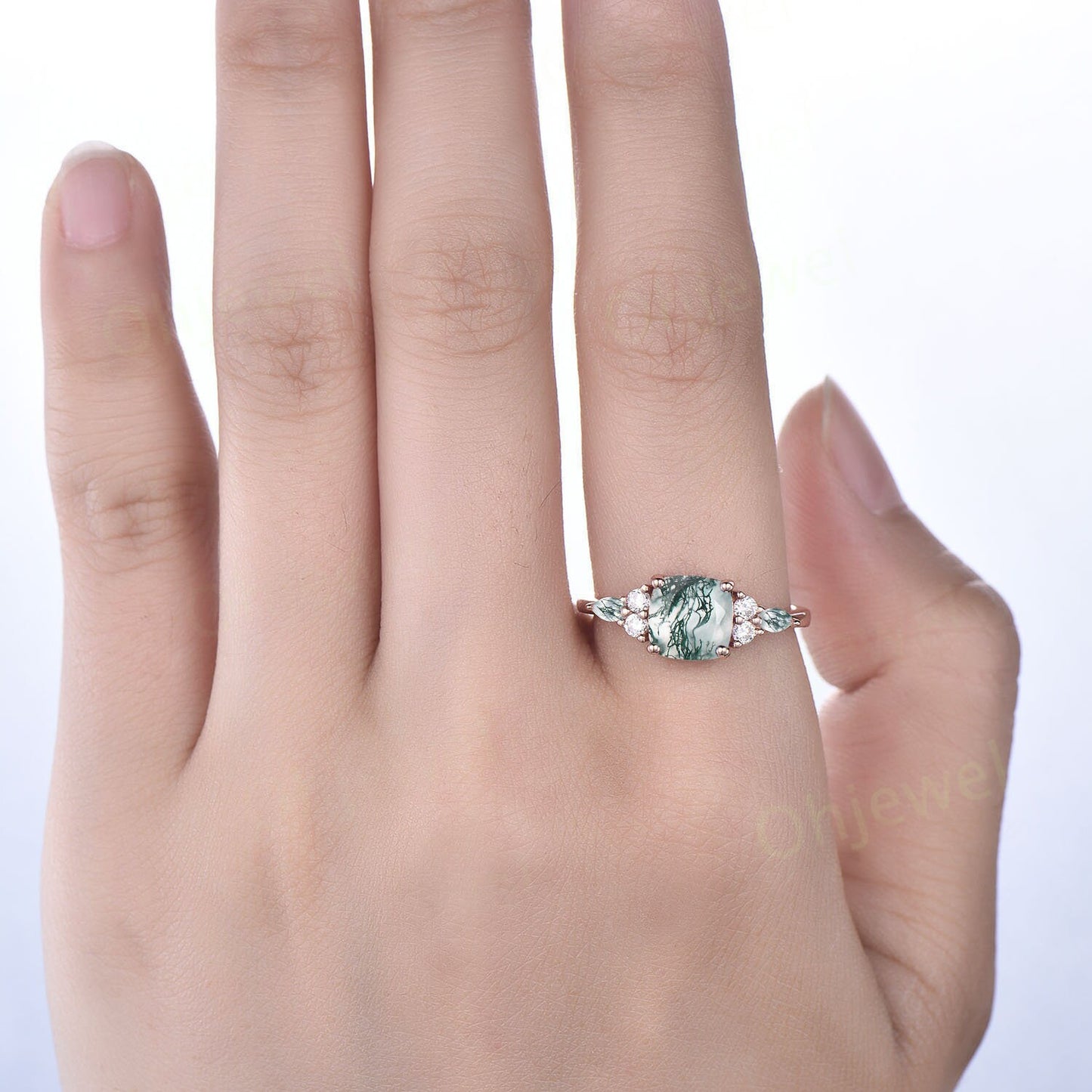 Vintage cushion cut green moss agate engagement ring rose gold diamond ring marquise cut moss agate ring unique anniversary ring for women