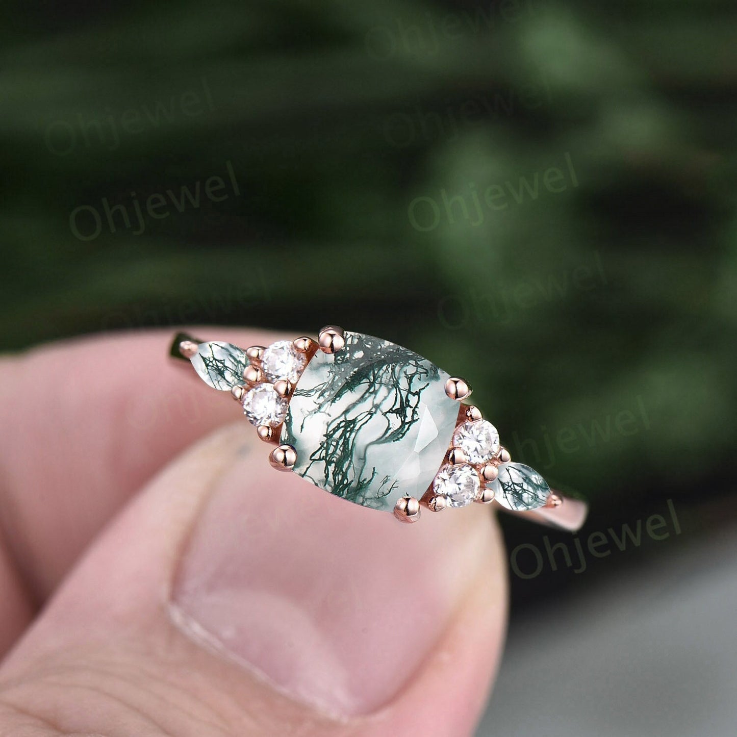 Vintage cushion cut green moss agate engagement ring rose gold diamond ring marquise cut moss agate ring unique anniversary ring for women