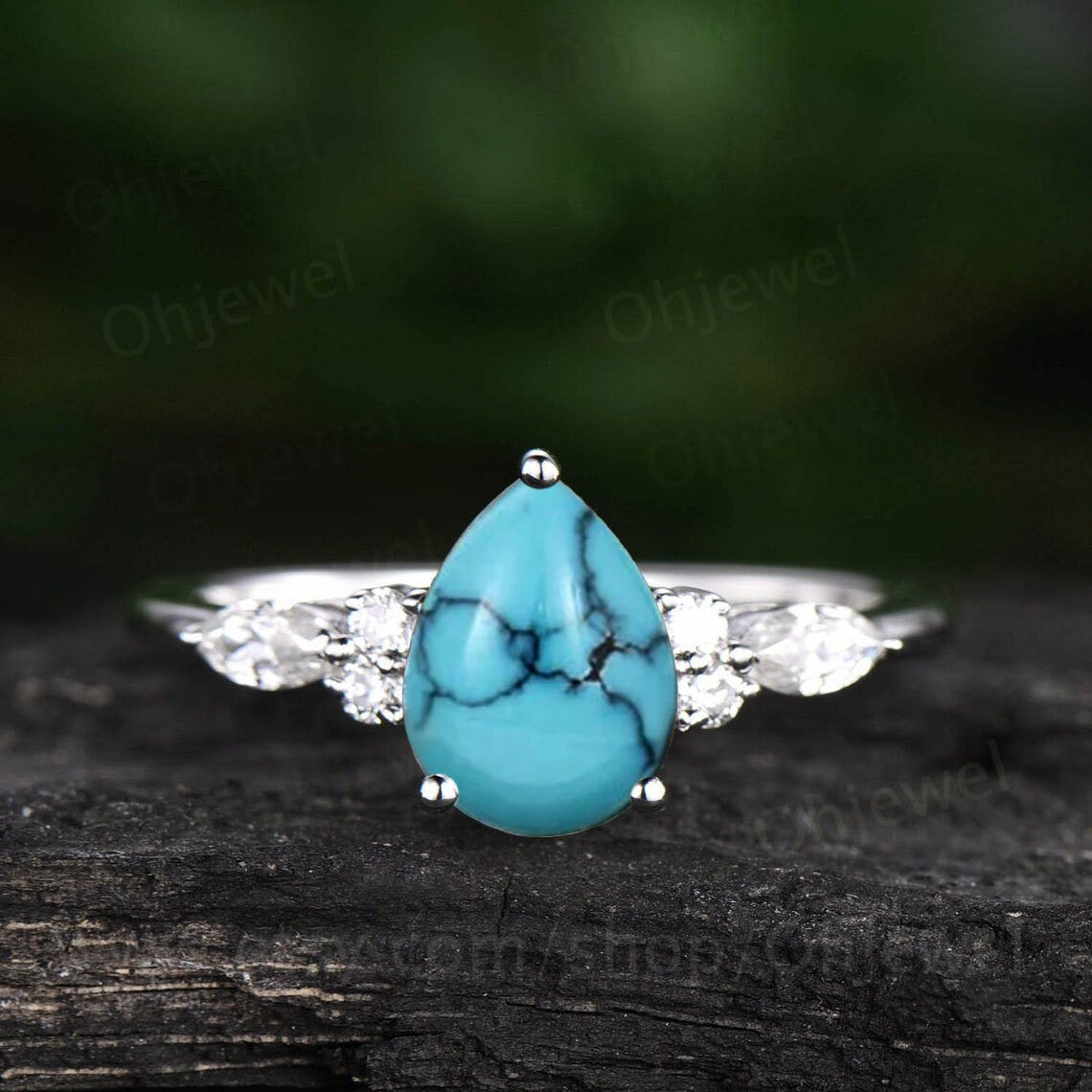 Peat shaped natural turquoise ring vintage unique engagement ring set rose gold silver marquise cut diamond promise wedding ring set women