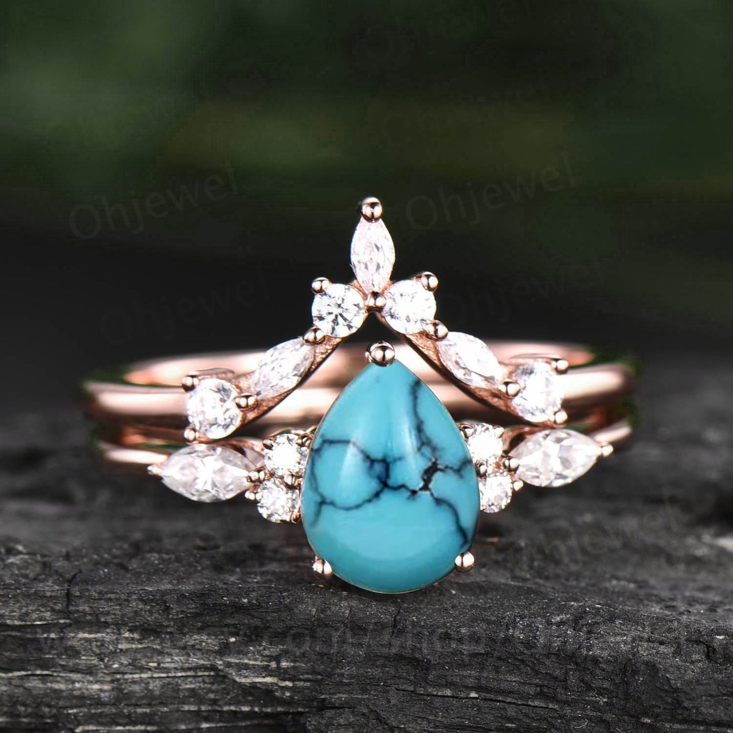 Peat shaped natural turquoise ring vintage unique engagement ring set rose gold silver marquise cut diamond promise wedding ring set women