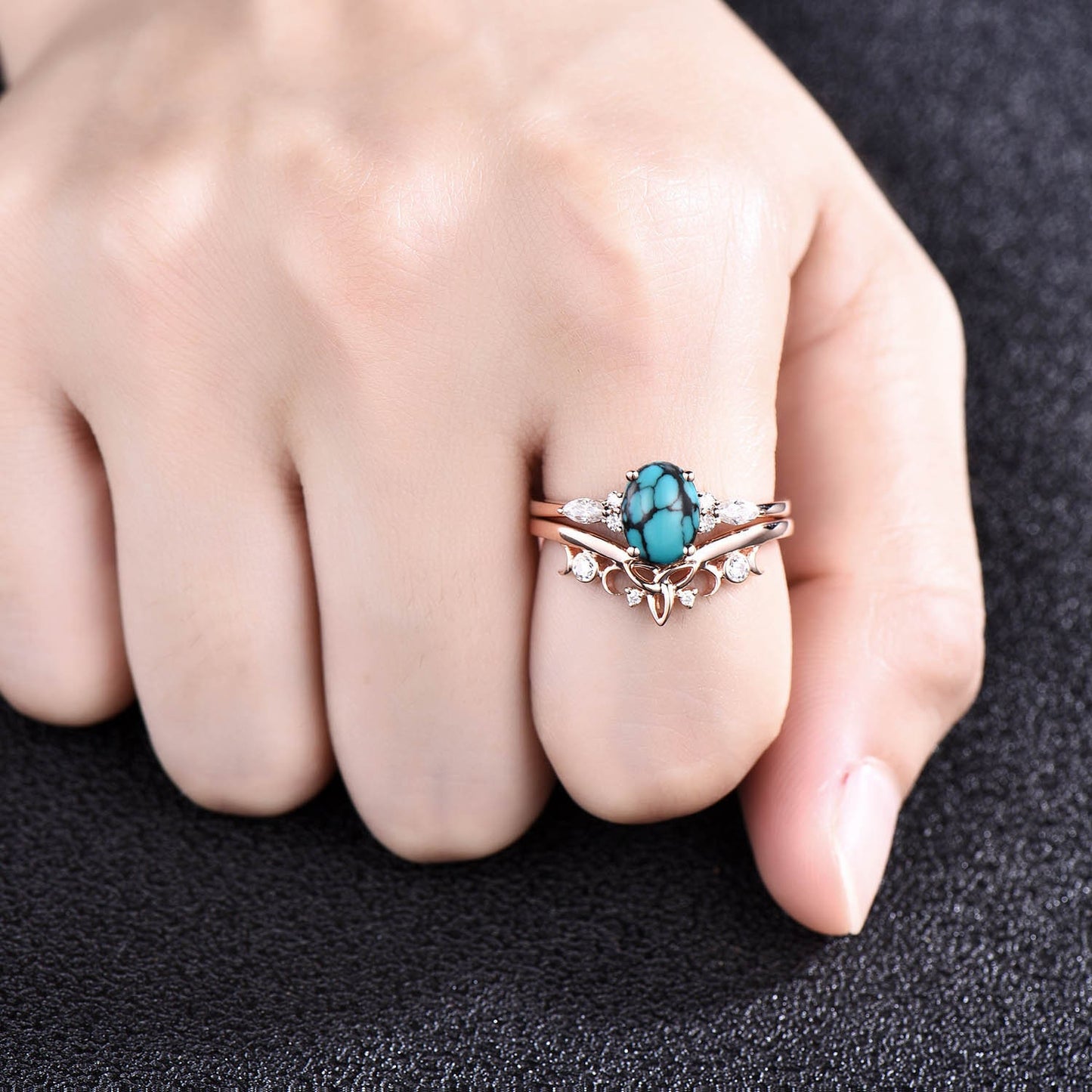 Oval natural turquoise ring rose gold vintage unique engagement ring set for women art deco moissanite promise bridal wedding ring set gift