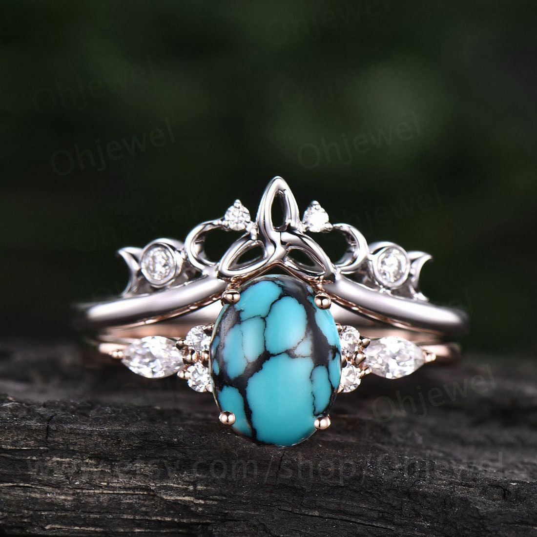 Oval natural turquoise ring rose gold vintage unique engagement ring set for women art deco moissanite promise bridal wedding ring set gift