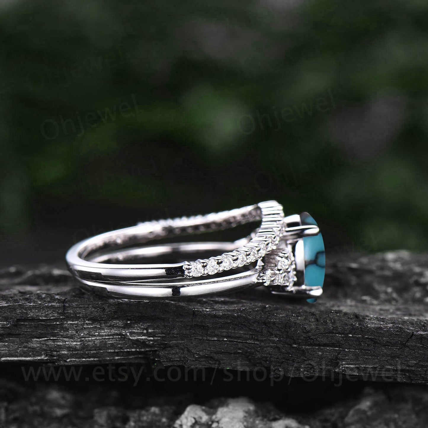 Vintage oval natural turquoise engagement ring set white gold alternative unique snowdrift engagement ring diamond bridal ring set for women