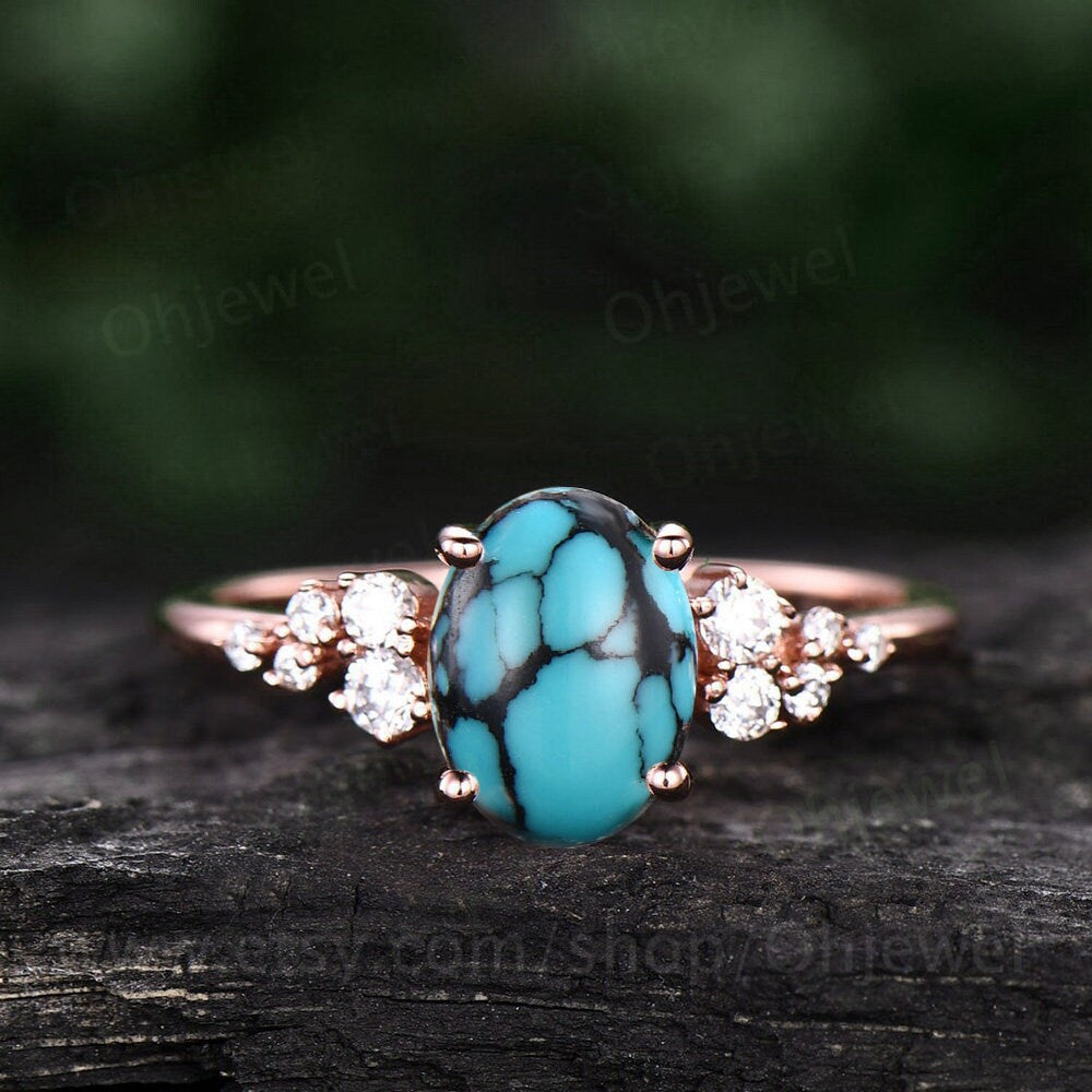 Vintage oval natural turquoise engagement ring set white gold alternative unique snowdrift engagement ring diamond bridal ring set for women