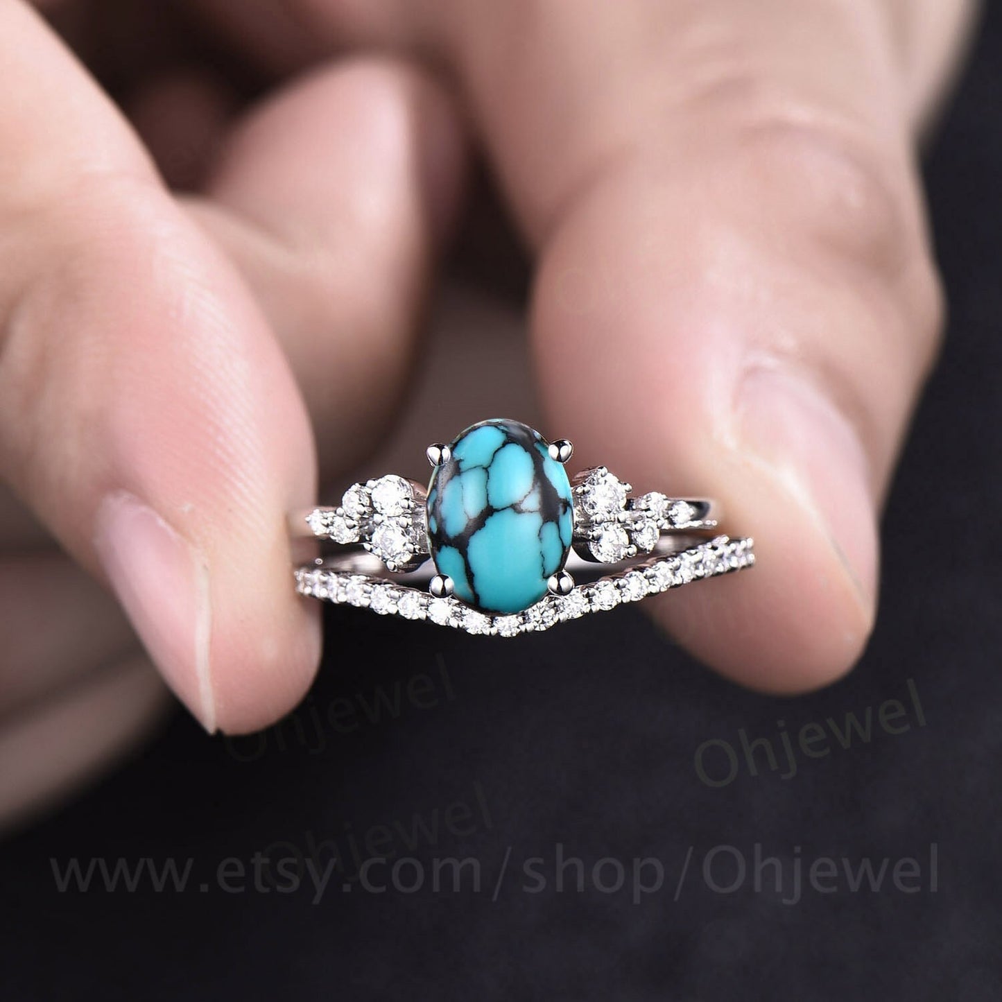 Vintage oval natural turquoise engagement ring set white gold alternative unique snowdrift engagement ring diamond bridal ring set for women