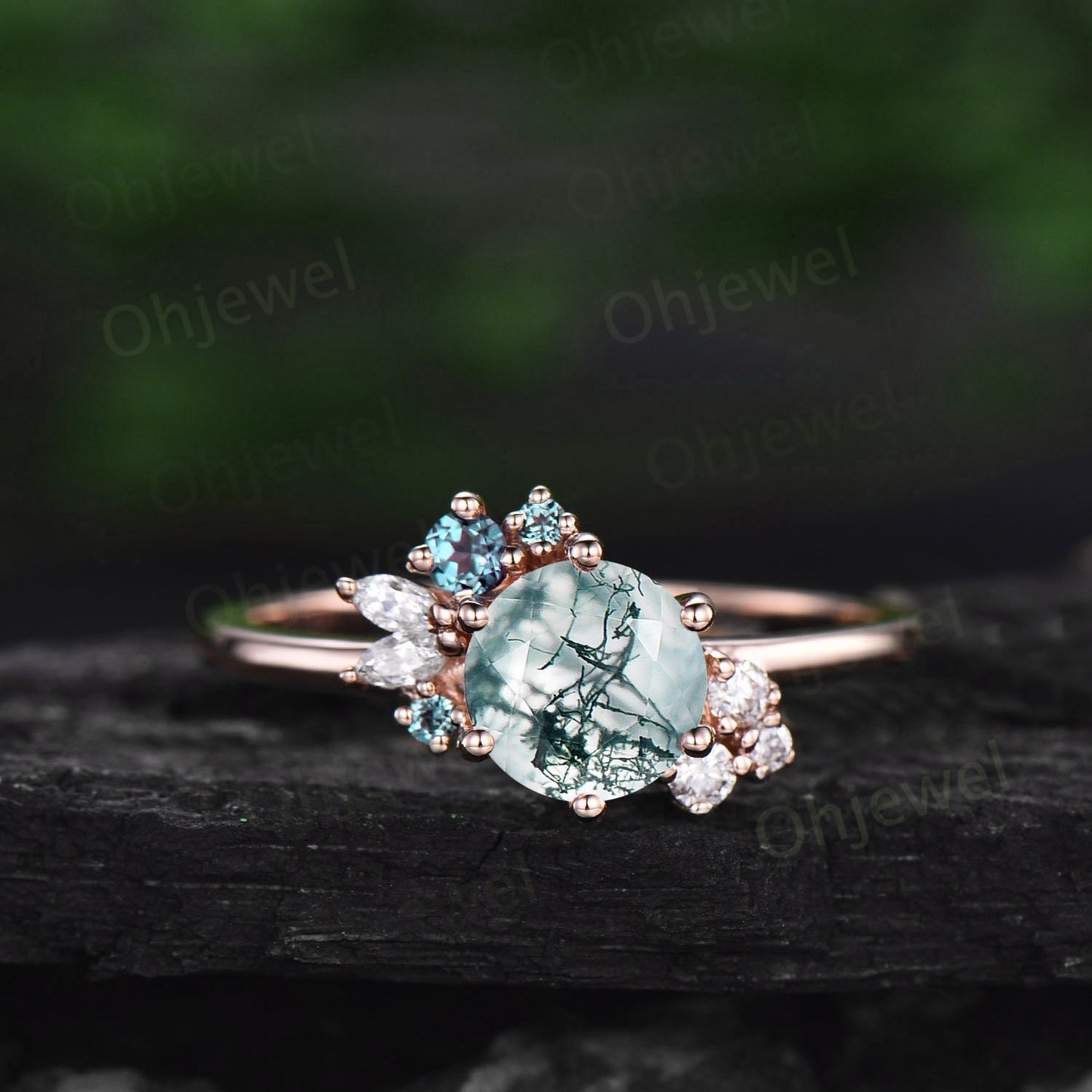 Vintage round cut green moss agate ring unique cluster engagement ring set 14k rose gold silver marquise diamong ring women promise ring her