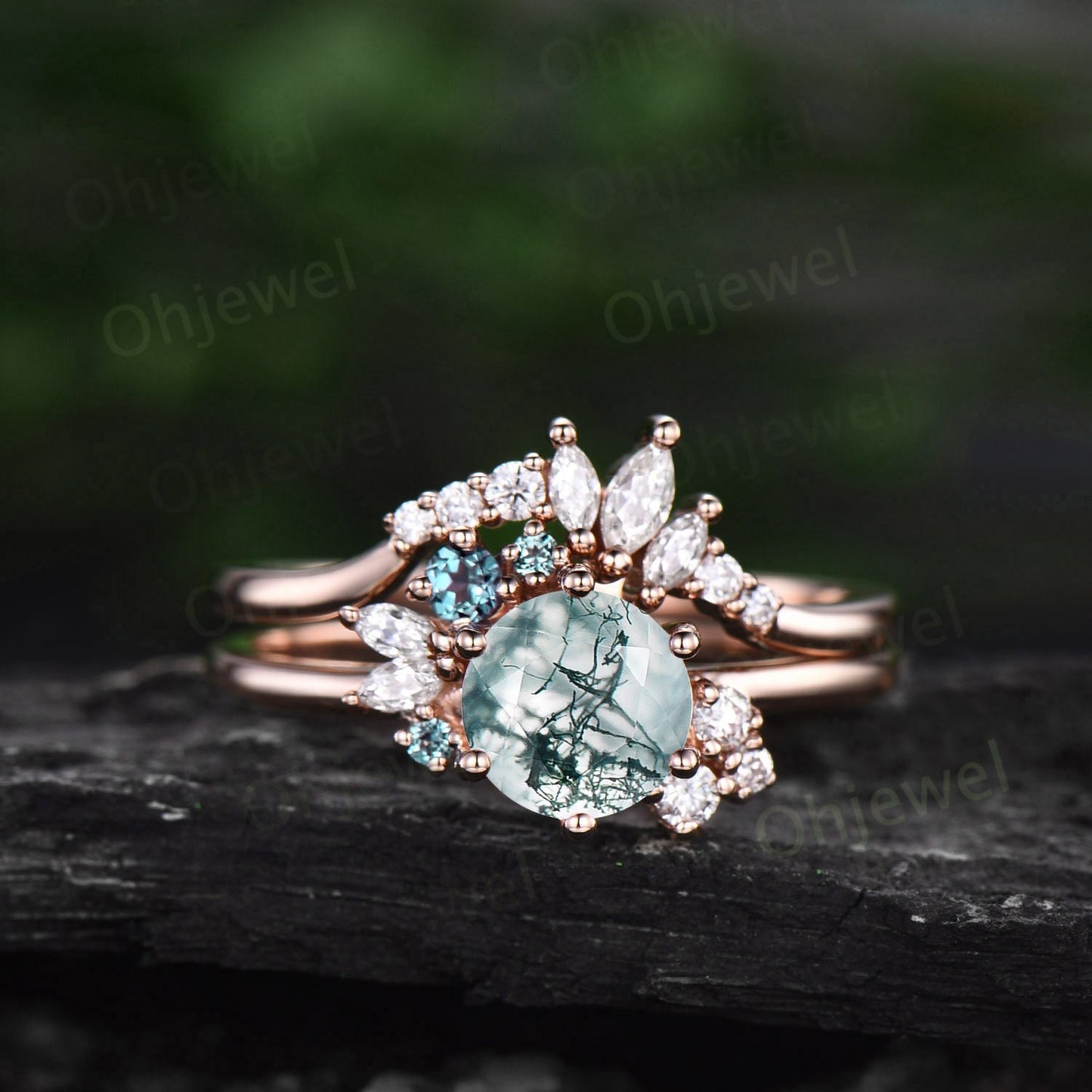 Vintage round cut green moss agate ring unique cluster engagement ring set 14k rose gold silver marquise diamong ring women promise ring her