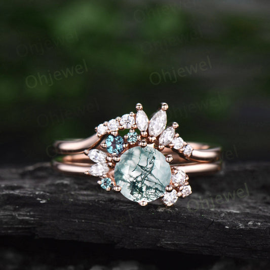 Vintage round cut green moss agate ring unique cluster engagement ring set 14k rose gold silver marquise diamong ring women promise ring her