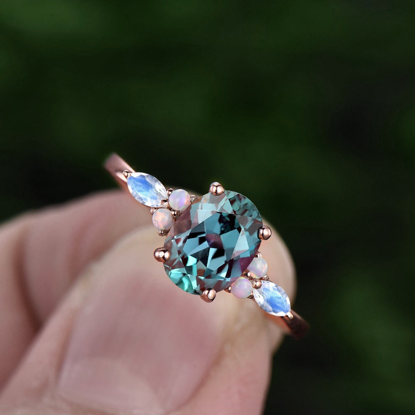 Oval cut Alexandrite ring rose gold vintage unique engagement ring set marquise cut moonstone ring opal ring silver wedding ring set women