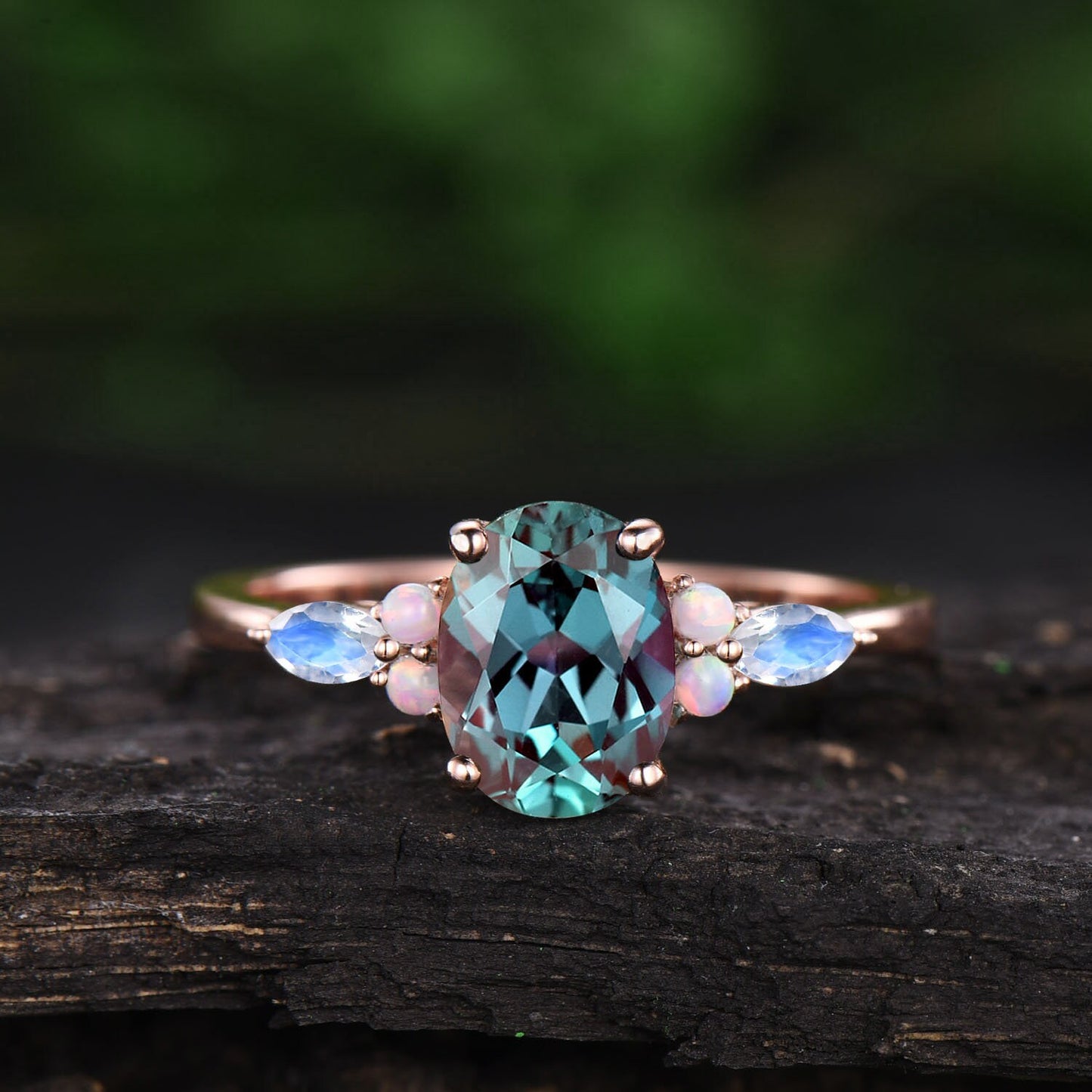 Oval cut Alexandrite ring rose gold vintage unique engagement ring set marquise cut moonstone ring opal ring silver wedding ring set women