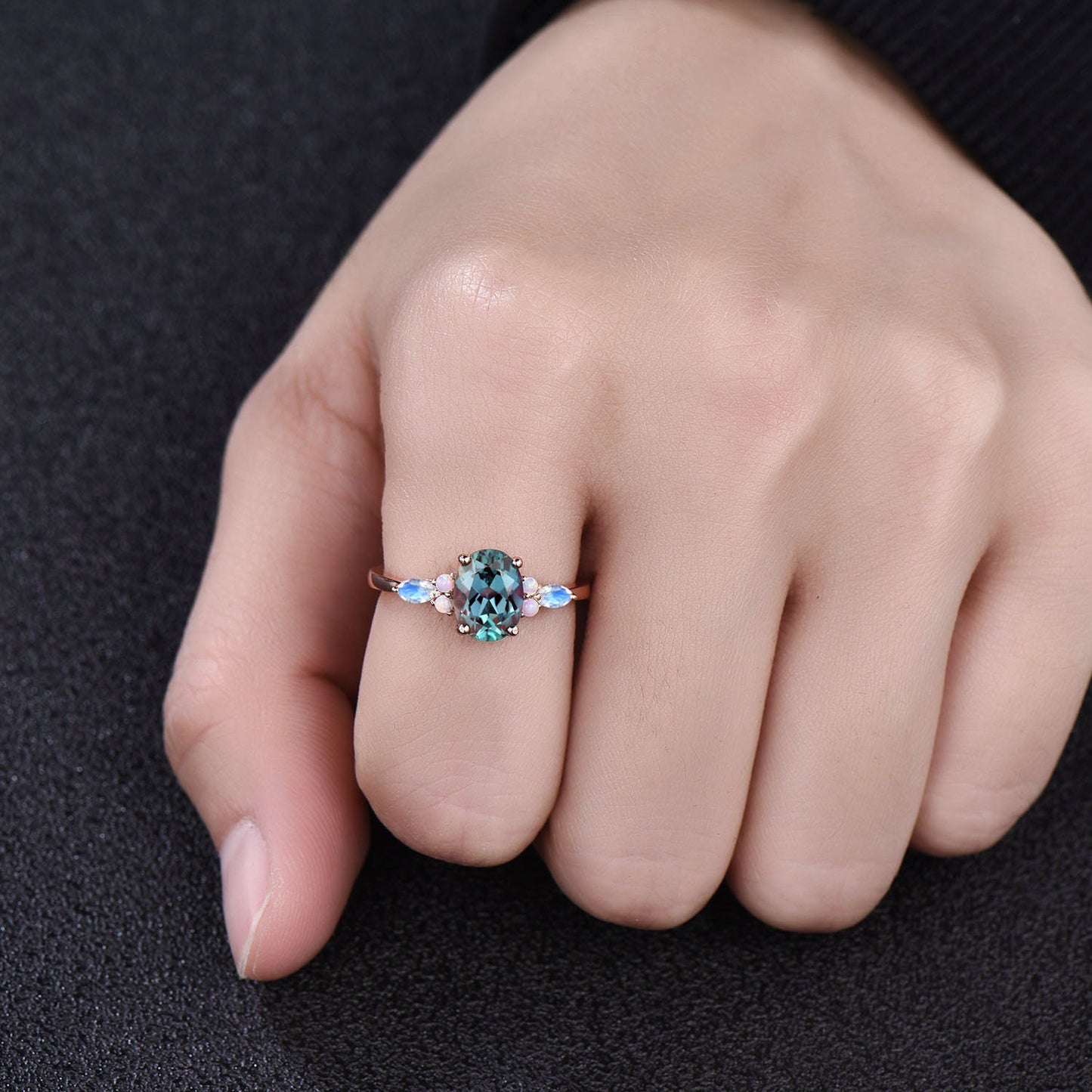 Oval cut Alexandrite ring rose gold vintage unique engagement ring set marquise cut moonstone ring opal ring silver wedding ring set women