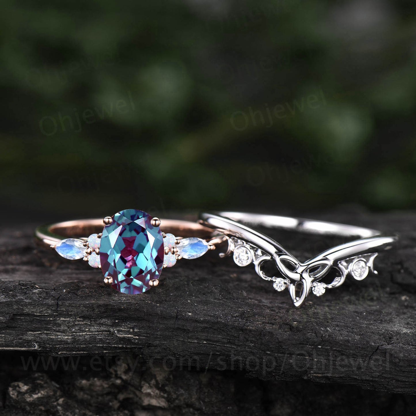Oval cut Alexandrite ring rose gold vintage unique engagement ring set marquise cut moonstone ring opal ring silver wedding ring set women