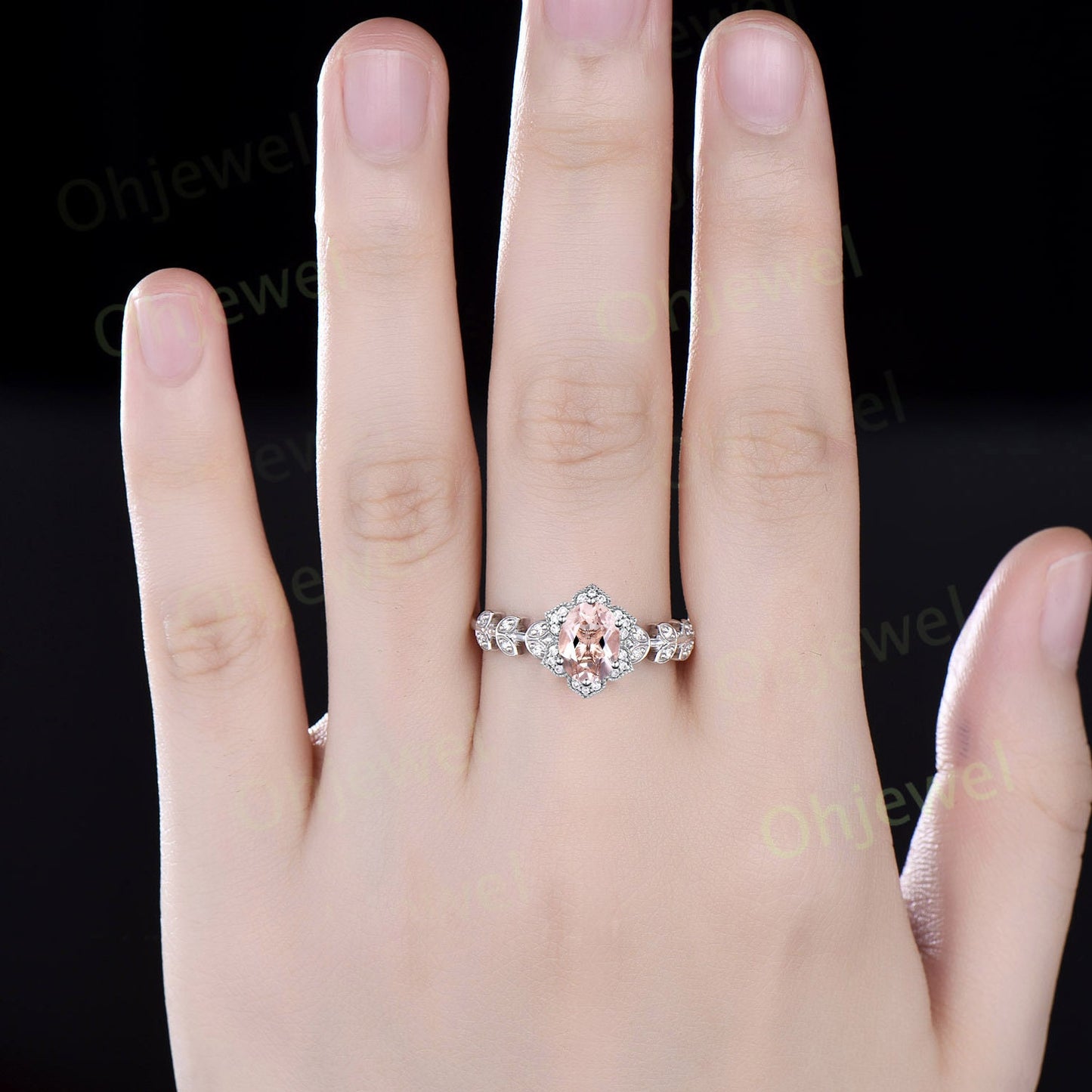 Vintage oval cut morganite engagement ring art deco flower leaf halo diamond ring 14k rose gold unique bridal wedding promise ring women