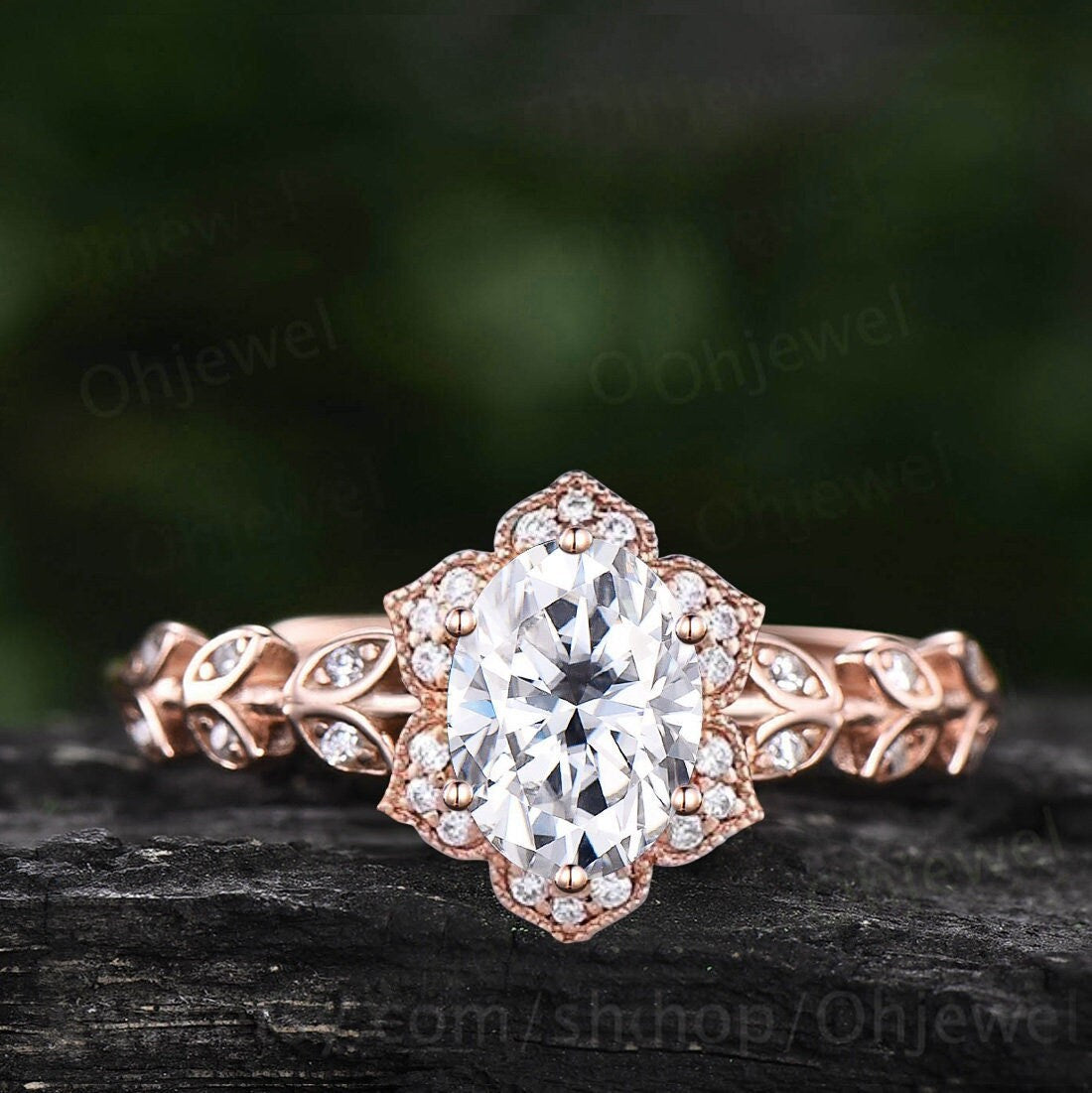 Vintage oval cut moissanite engagement ring art deco Milgrain halo diamond ring solid 14k rose gold unique promise anniversary ring women