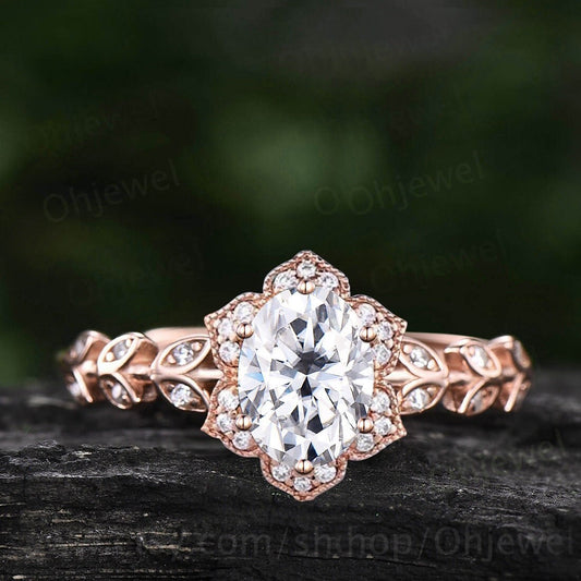 Vintage oval cut moissanite engagement ring art deco Milgrain halo diamond ring solid 14k rose gold unique promise anniversary ring women