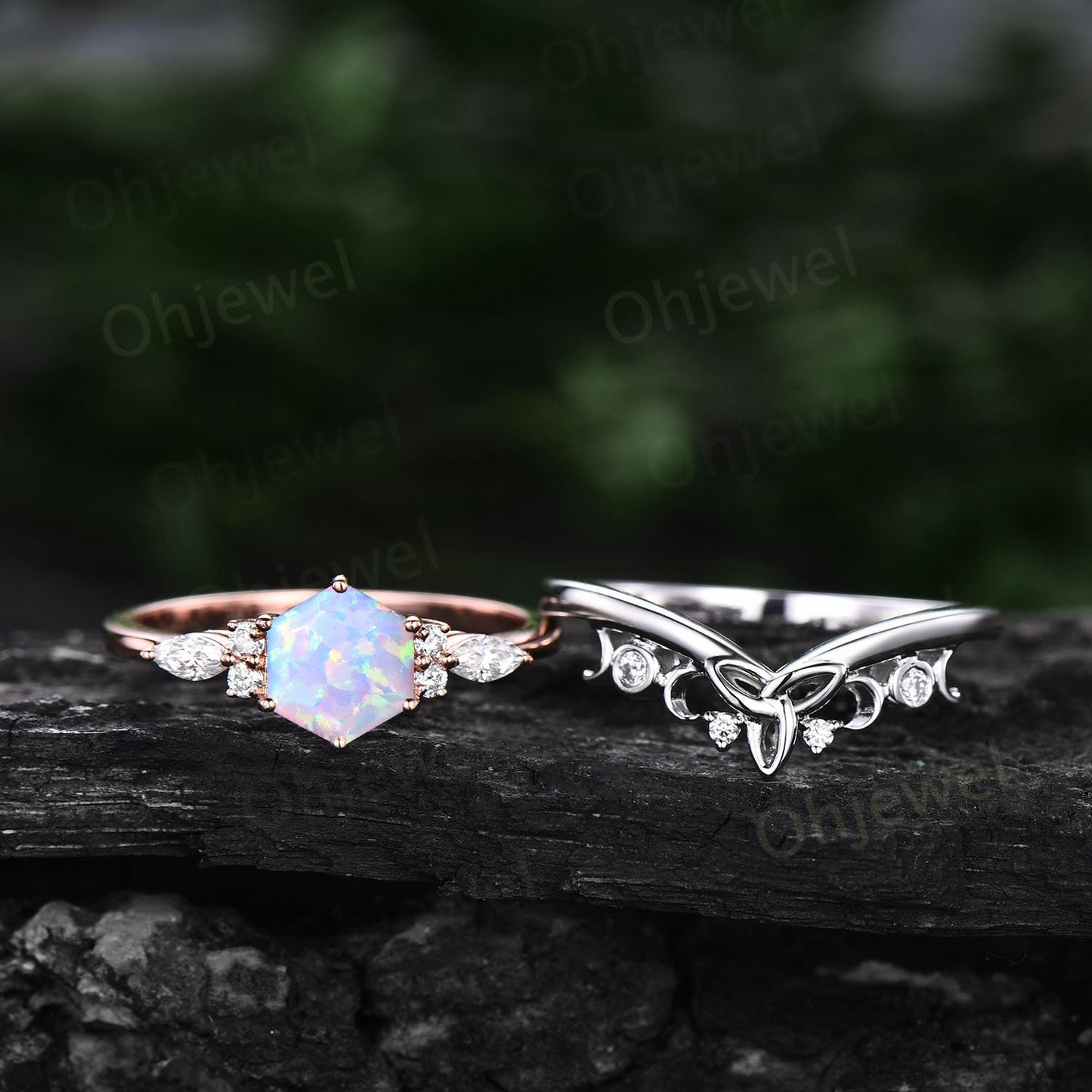 Hexagon white opal ring set gold silver dainty unique opal engagement ring set 6 prong moissanite ring for women October birthstone ring