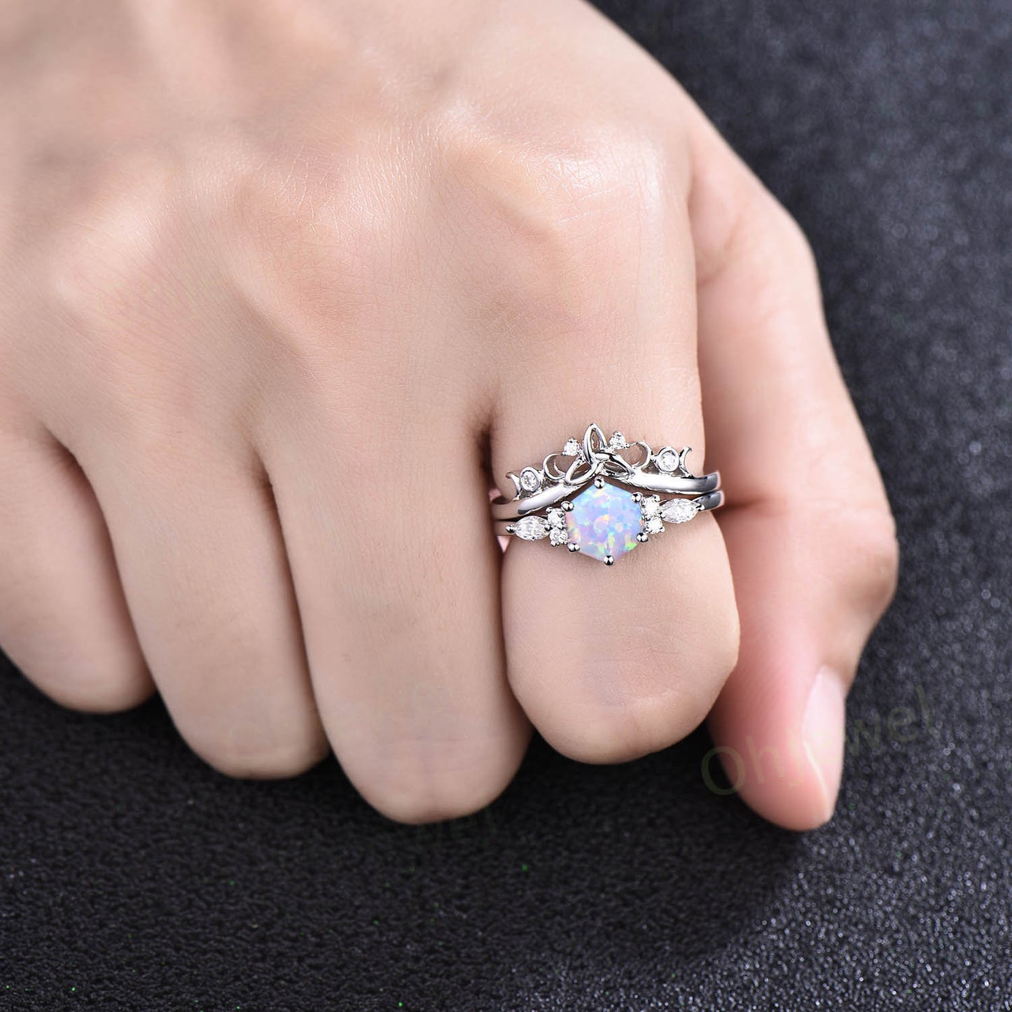Hexagon white opal ring set gold silver dainty unique opal engagement ring set 6 prong moissanite ring for women October birthstone ring