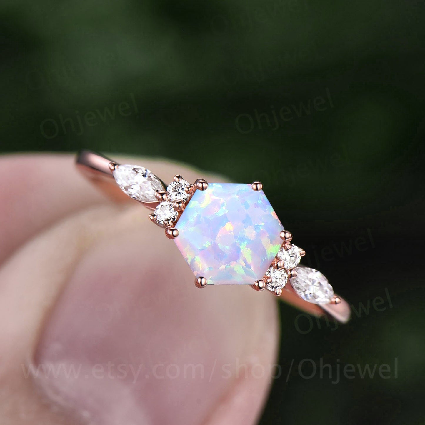 Hexagon white opal ring set gold silver dainty unique opal engagement ring set 6 prong moissanite ring for women October birthstone ring