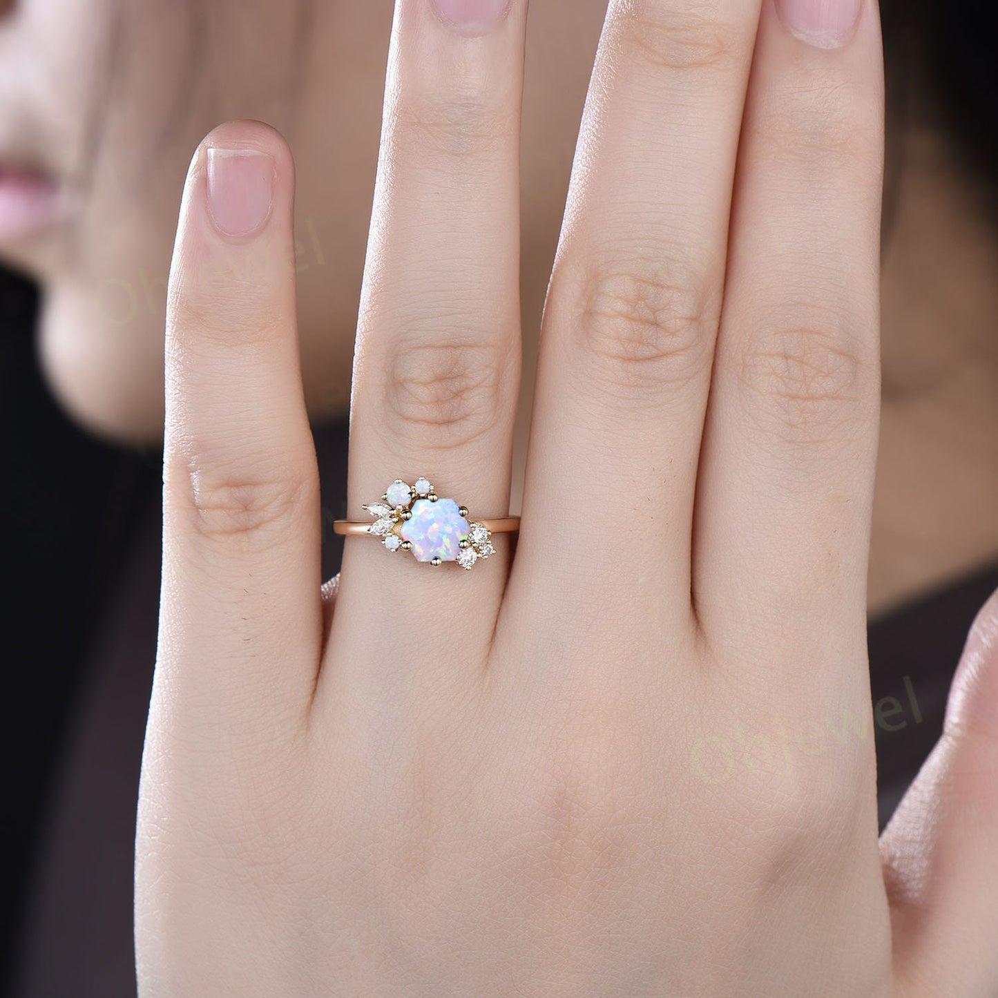 Hexagon cut white opal ring rose gold silver vintage unique opal engagement ring cluster art deco diamond promise wedding ring for women