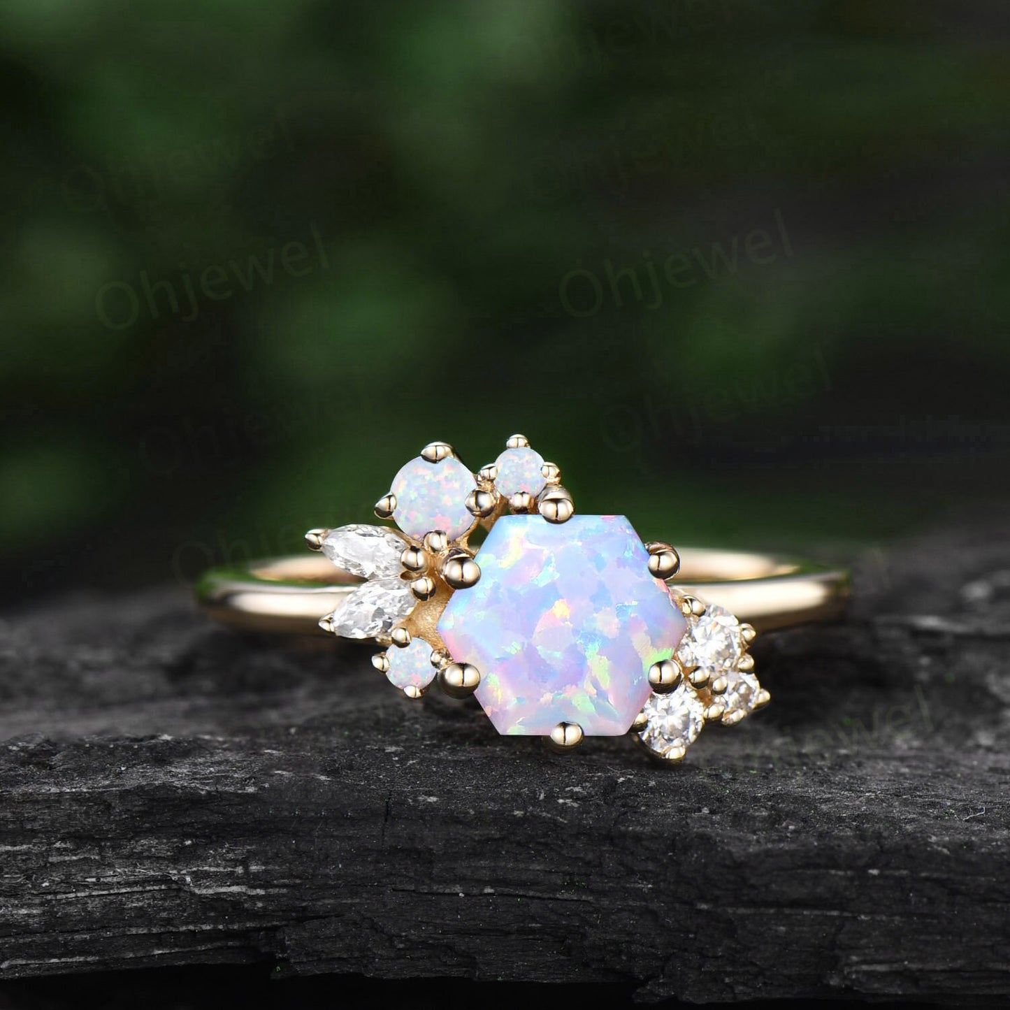 Hexagon cut white opal ring rose gold silver vintage unique opal engagement ring cluster art deco diamond promise wedding ring for women