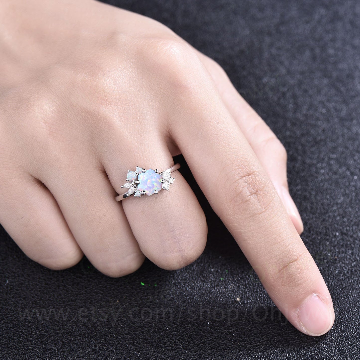 Hexagon cut white opal ring rose gold silver vintage unique opal engagement ring cluster art deco diamond promise wedding ring for women