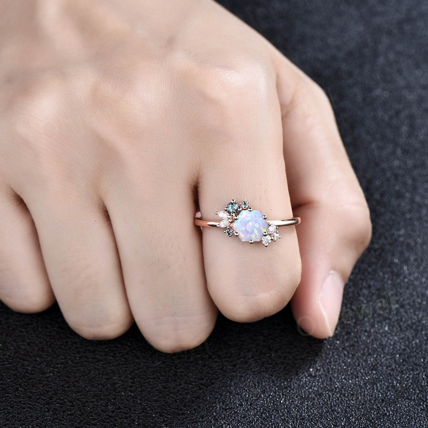 Vintage Hexagon cut white opal engagement ring 14k yellow gold cluster alexandrite marquise cut diamond ring unique anniversary ring gifts