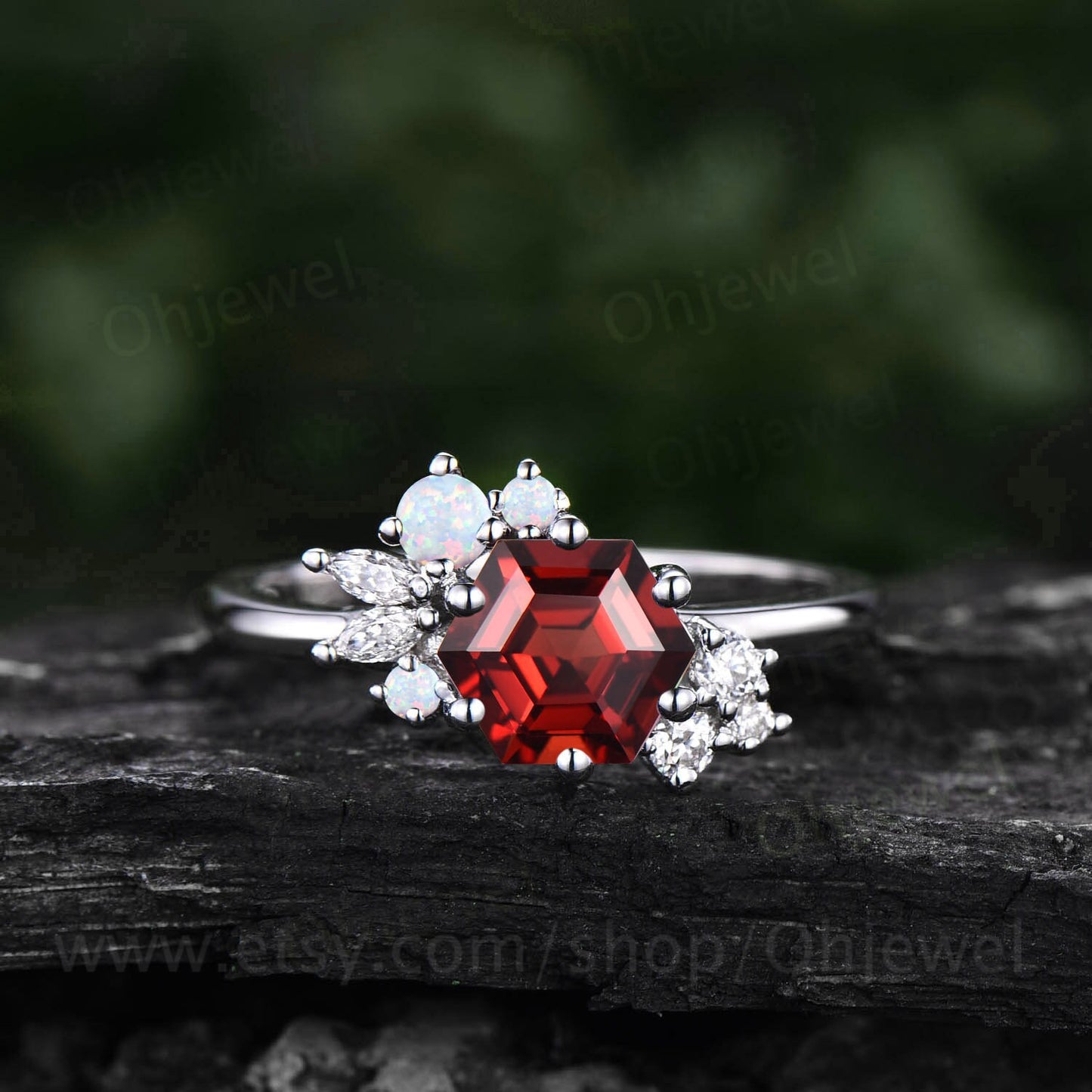 Vintage Hexagon cut red garnet ring engagement ring art deco cluster opal ring rose gold silver 6 prong set marquise diamond ring for women