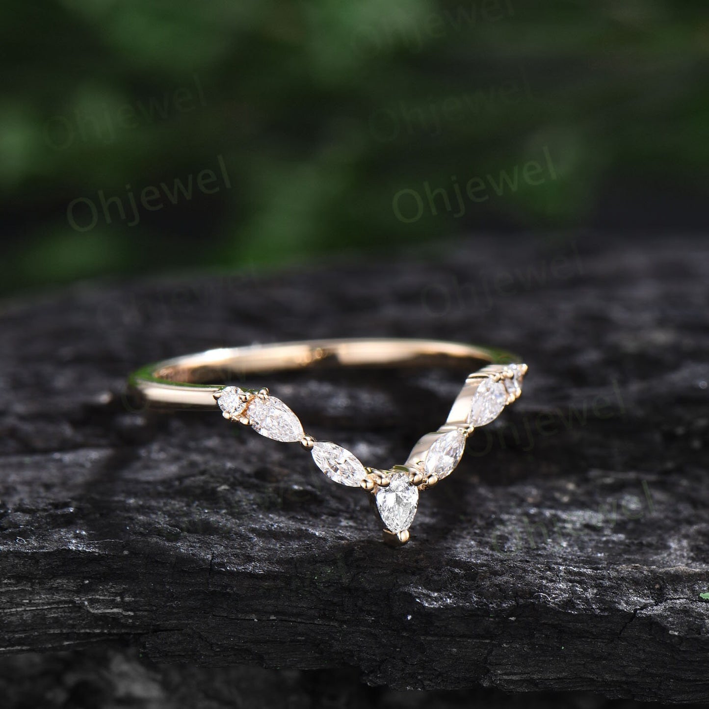 Curved marquise cut diamond wedding band 14k yellow gold pear shaped moissanite wedding ring band stacking unique anniversary ring gift