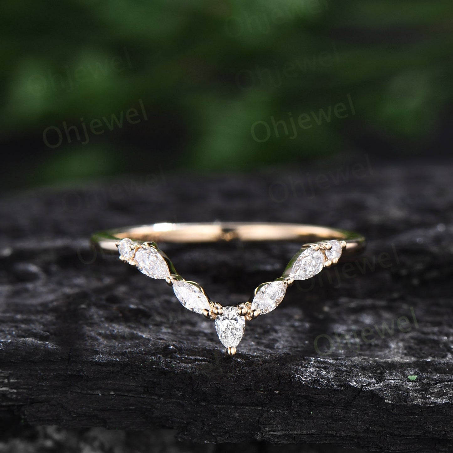 Curved marquise cut diamond wedding band 14k yellow gold pear shaped moissanite wedding ring band stacking unique anniversary ring gift