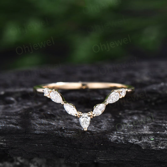 Curved marquise cut diamond wedding band 14k yellow gold pear shaped moissanite wedding ring band stacking unique anniversary ring gift