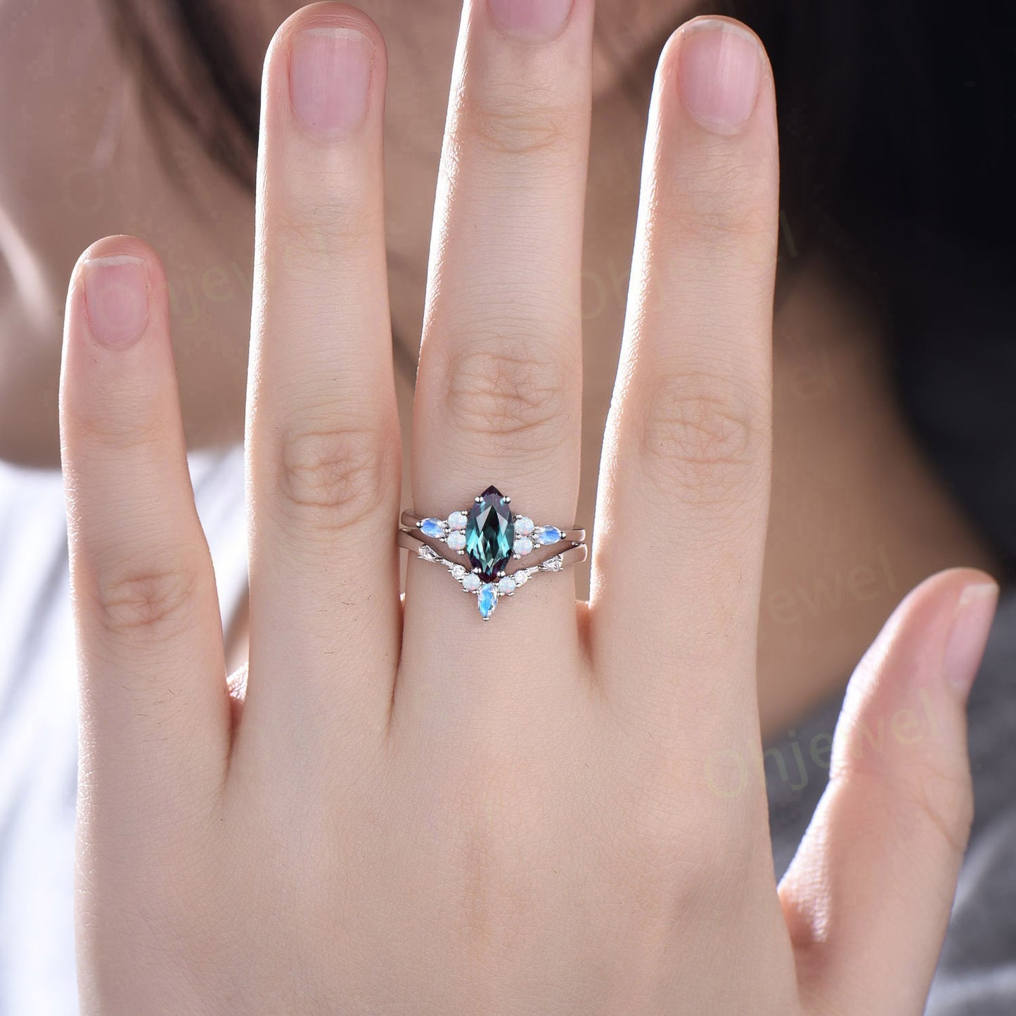 1ct Marquise cut Alexandrite ring vintage unique engagement ring set white gold silver moonstone opal ring baguette moissanite ring women