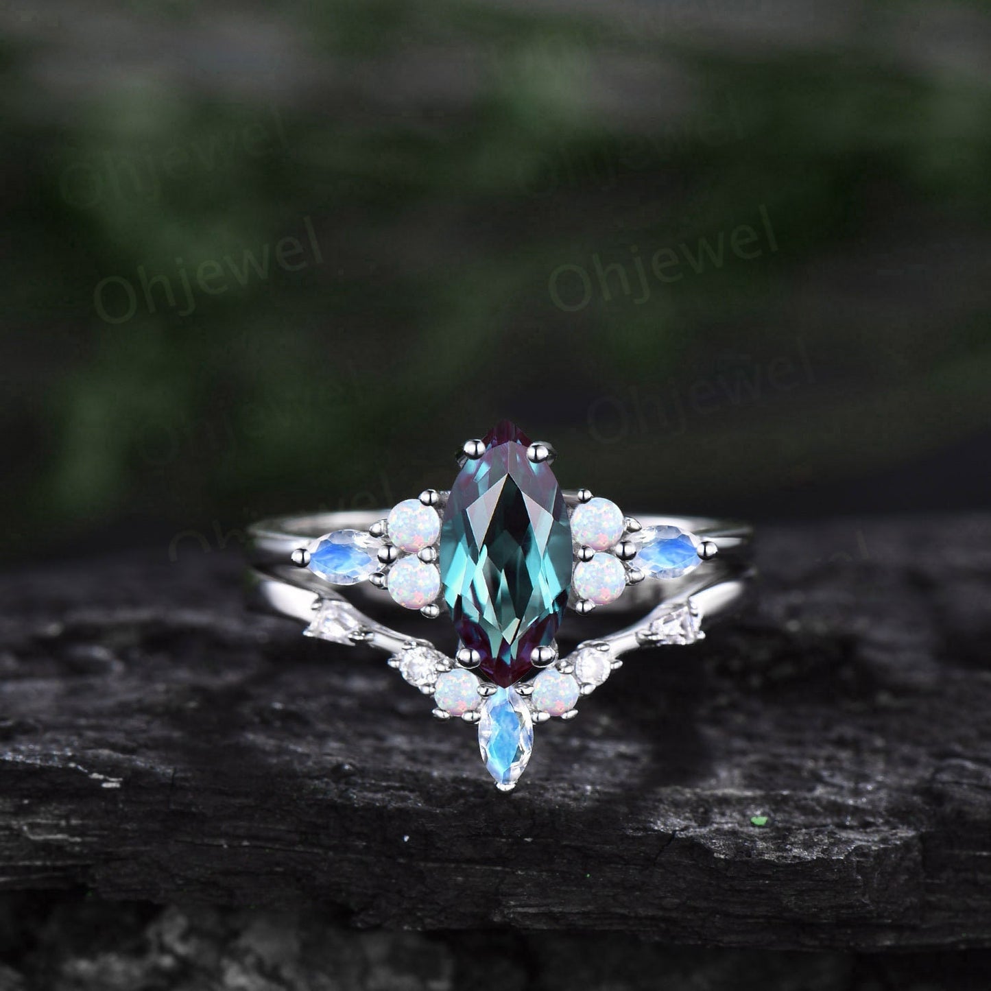 1ct Marquise cut Alexandrite ring vintage unique engagement ring set white gold silver moonstone opal ring baguette moissanite ring women
