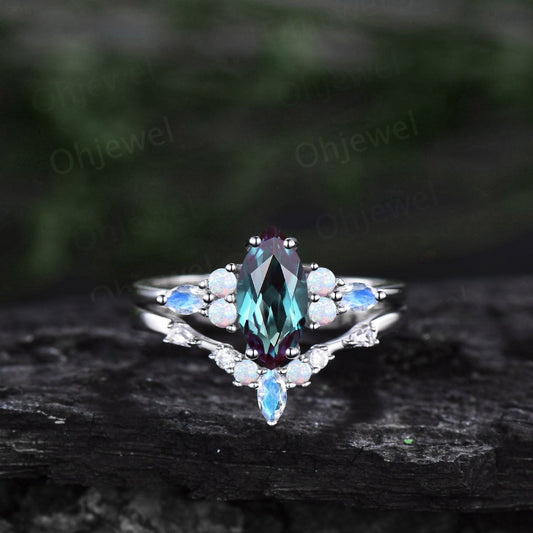 1ct Marquise cut Alexandrite ring vintage unique engagement ring set white gold silver moonstone opal ring baguette moissanite ring women
