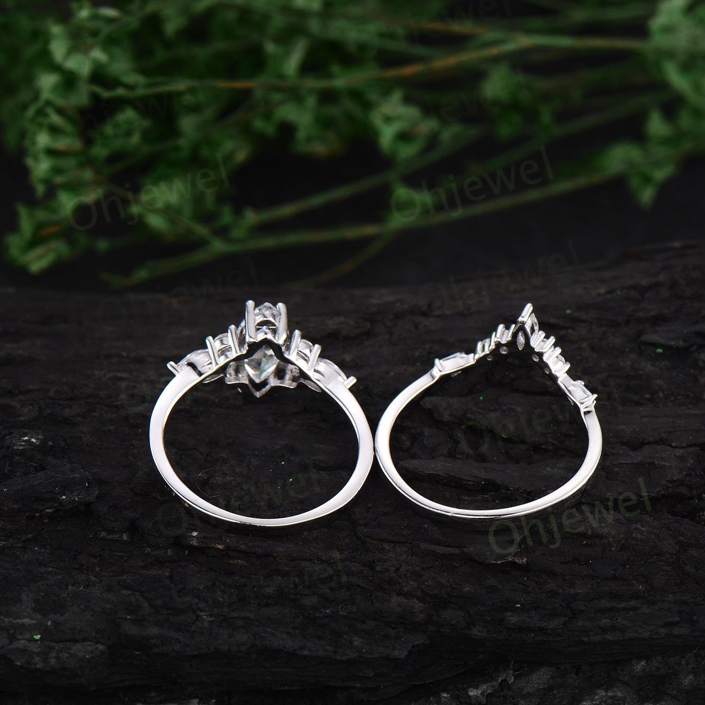 1ct Marquise cut Green moss agate ring vintage unique engagement ring set white gold silver baguette cut moissanite wedding ring set women