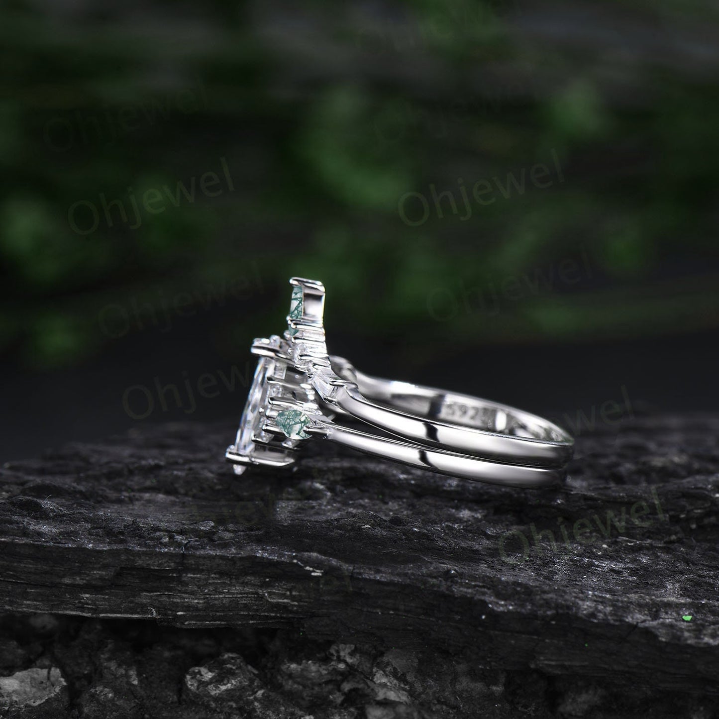 1ct Marquise cut Green moss agate ring vintage unique engagement ring set white gold silver baguette cut moissanite wedding ring set women