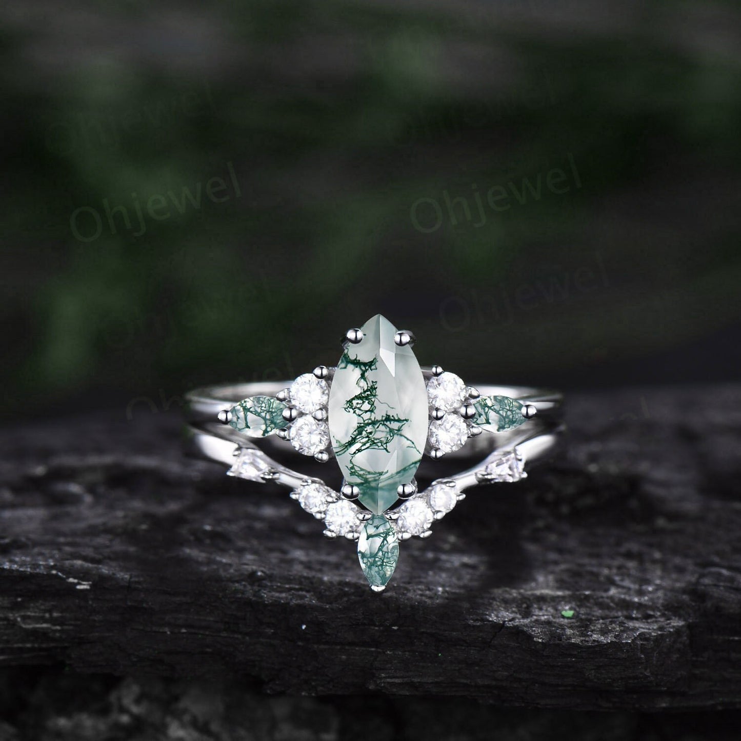 1ct Marquise cut Green moss agate ring vintage unique engagement ring set white gold silver baguette cut moissanite wedding ring set women